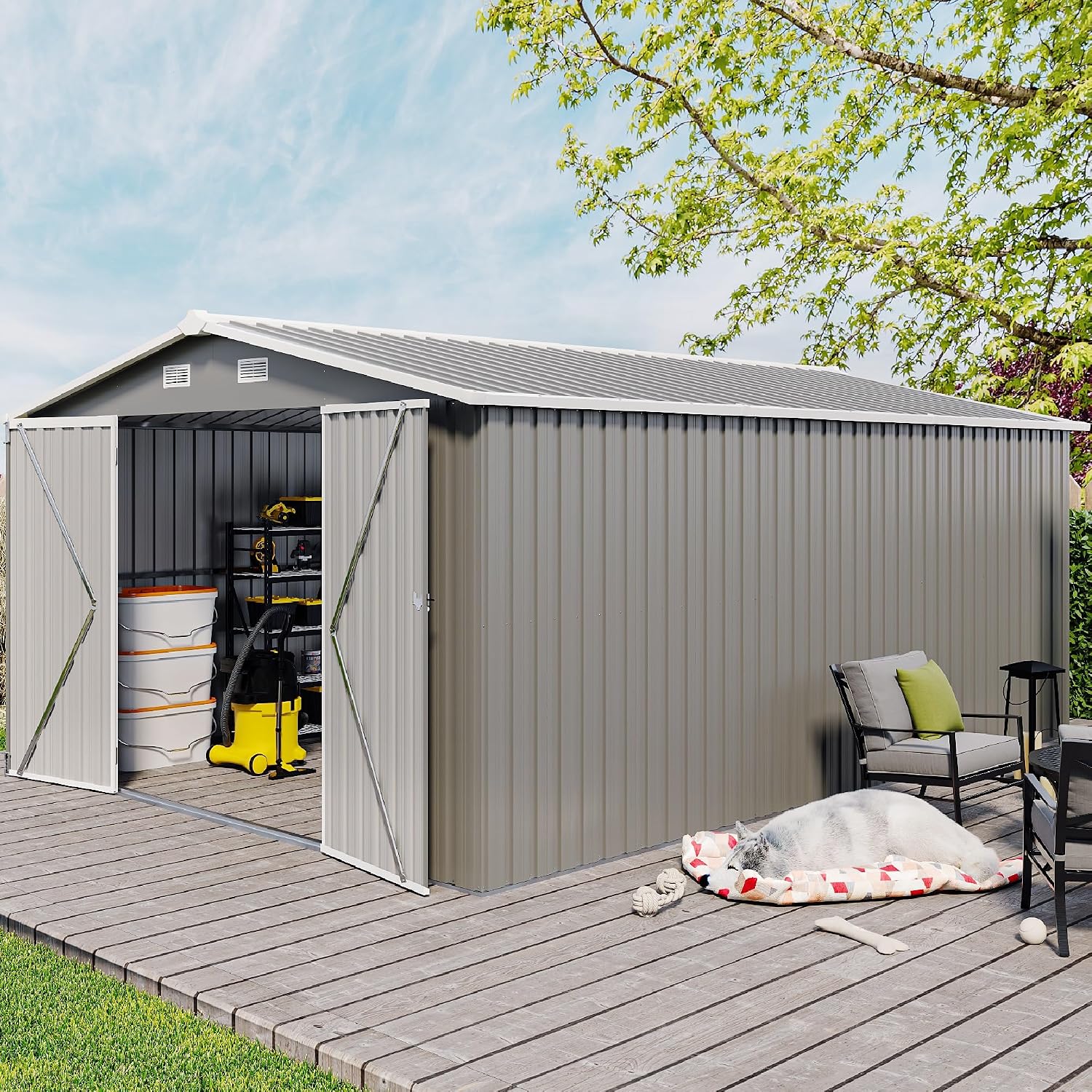 KEIKI 10x 14 FT Metal Storage Shed Outdoor, Large Garden Shed with Roof & Lockable Doors, Utility Tool Sheds Frame & 4 Vents for Patio Backyard Bicycles Storage House, All Weather Use, Light Grey