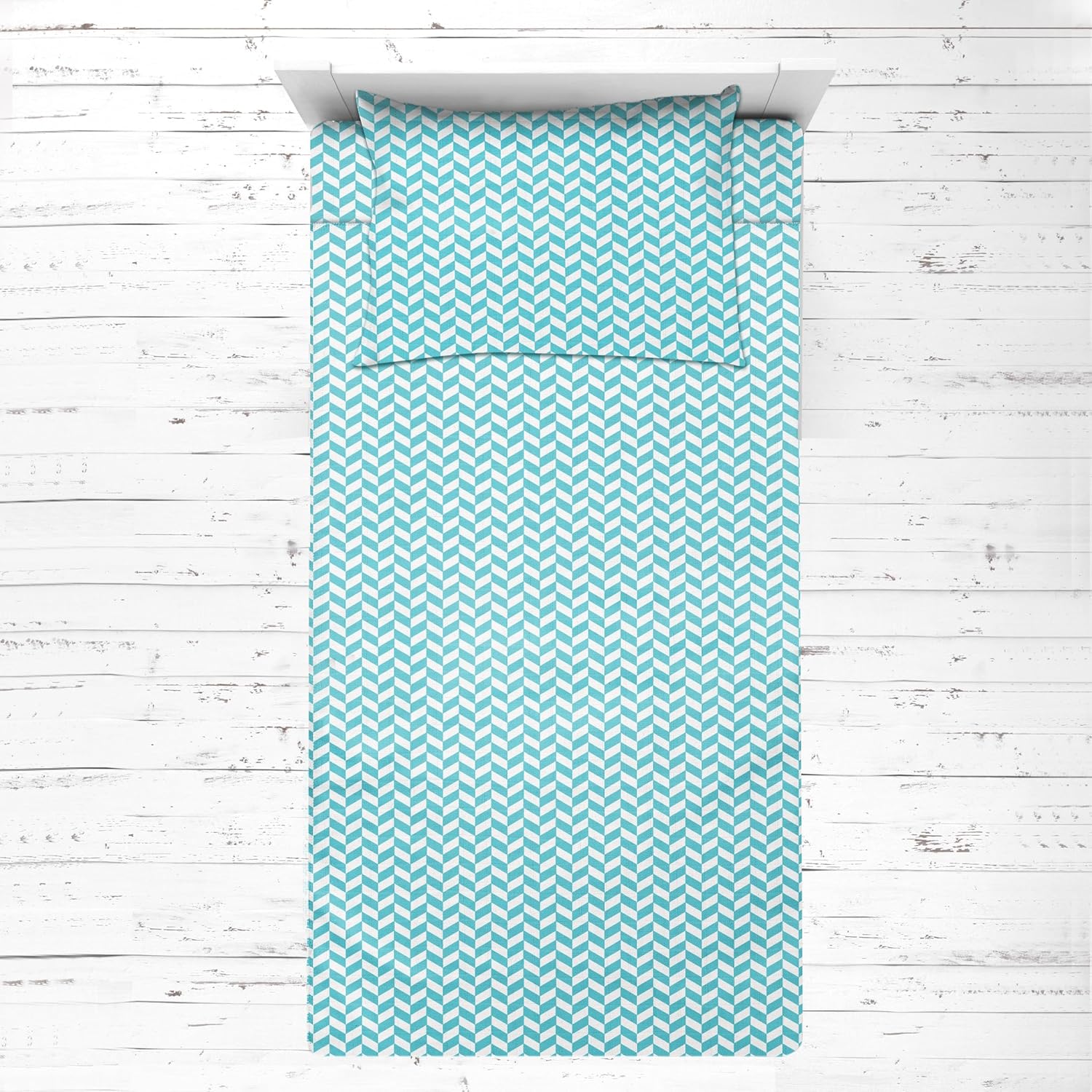 Bacati - Houndstooth/Herringbone 100% Cotton Muslin 3 Piece Toddler Bed Sheet Set Includes Fitted Sheet, Top Sheet, and Pillow Case (Herringbone, Aqua)