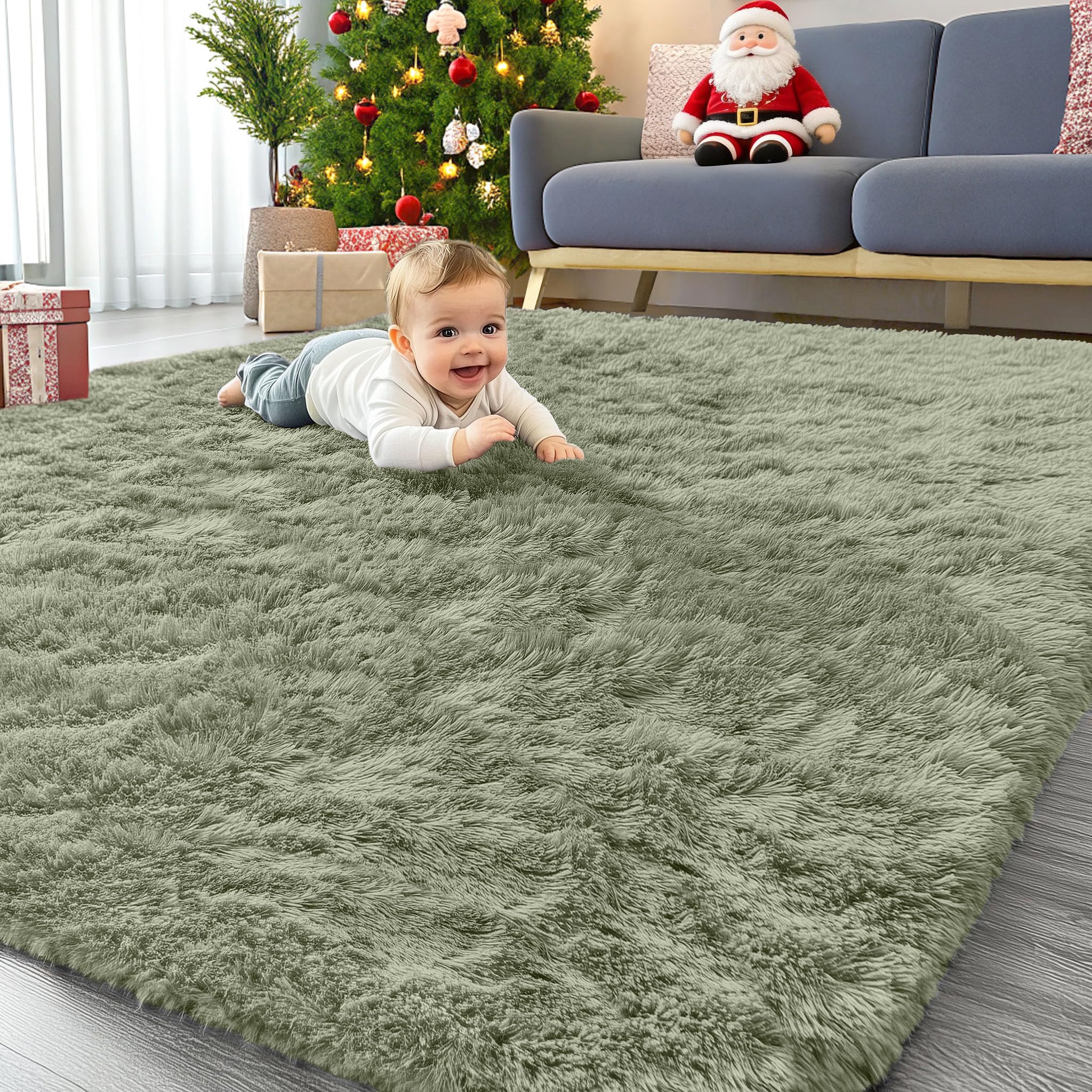 Homaxy Fluffy Shaggy Rugs Living Room, Soft Thick Pile Carpet, Machine Washable Runner Rugs for Hallway, Anti Slip Bedside Rug for Kids Bedroom, Nursery - Khaki Green, 80 x 150 cm