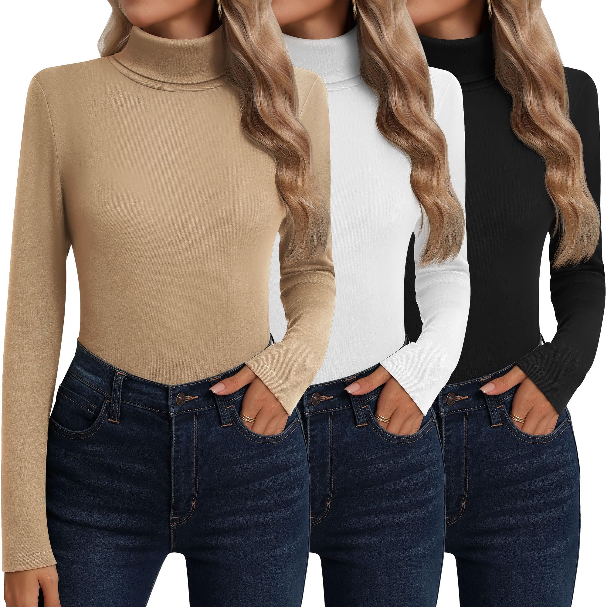 Neer 3 Pack Cotton Women's Turtleneck Long Sleeve Tops Thermal Underwear Base Layer Fall Winter Shirts Sweater(Black,White,Khaki,M)