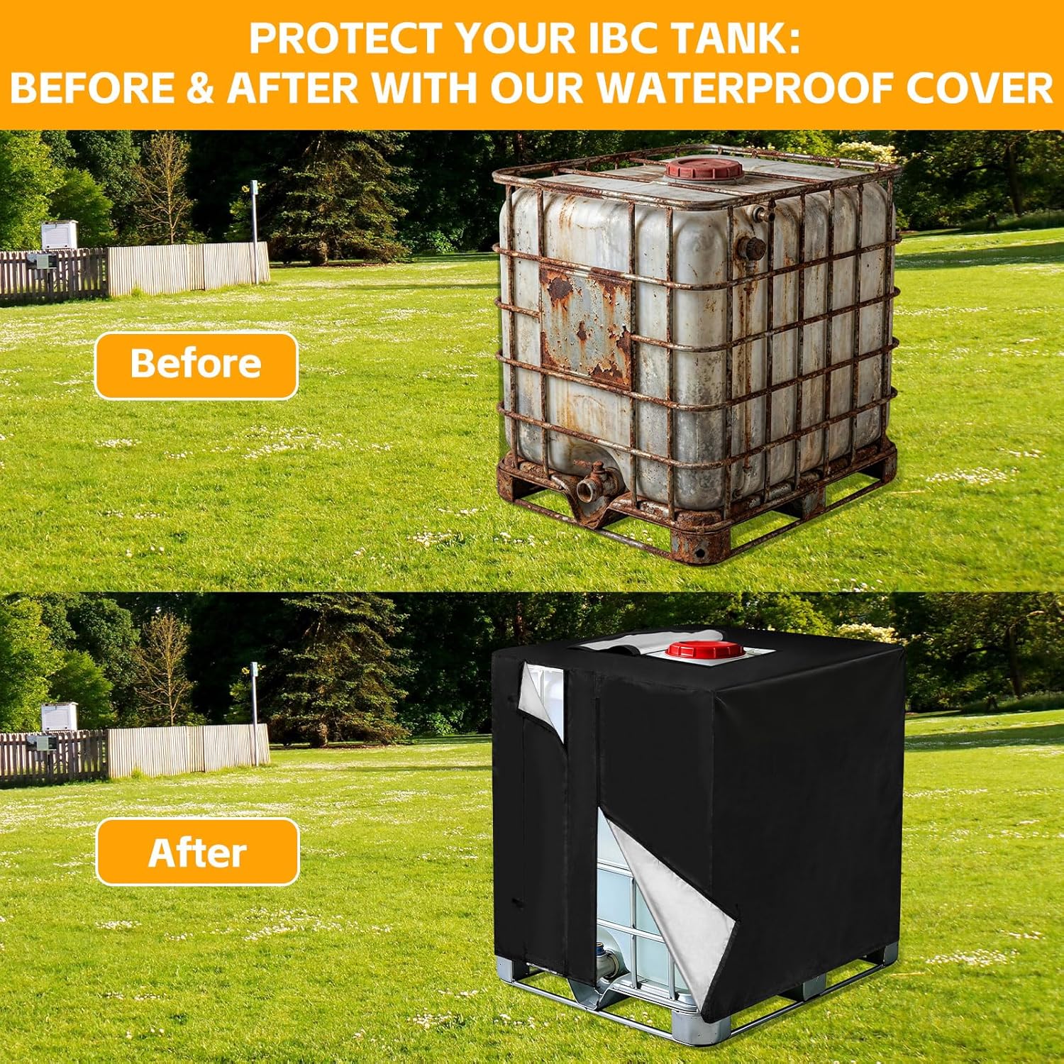 IBC Tote Cover with Viewing Window, 275 Gallon Water Tank Protective Covers with Zipper&Drawstring, Heavy Duty 420D Waterproof Oxford Cloth Fit 1000L Outdoor Garden Rain Barrel, All-Weather Protection