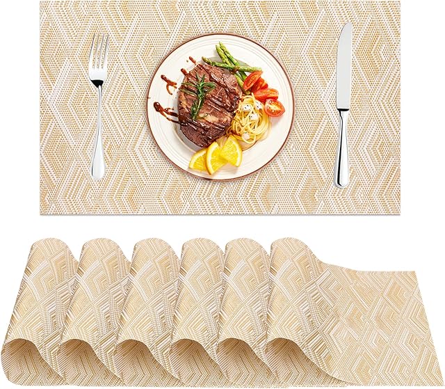 WWW Placemats Set of 6, Washable Table Placemats, PVC Heat Resistant Dinner Table Placemat Washable Table Place Mats for Kitchen for Home Kitchen Hotel Wedding Party Gold