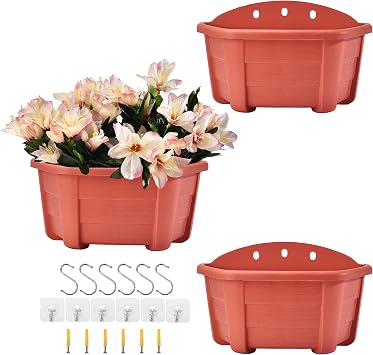 ORIMERC 9.8 inch 3 Pack Brick Red Wall Hanging Planters for Indoor Outdoor Plants Hanging Plant Holder with Drainage Hole Fence Balcony Planters Railing Hanging Pot Plant Wall Mount Decor with Hooks