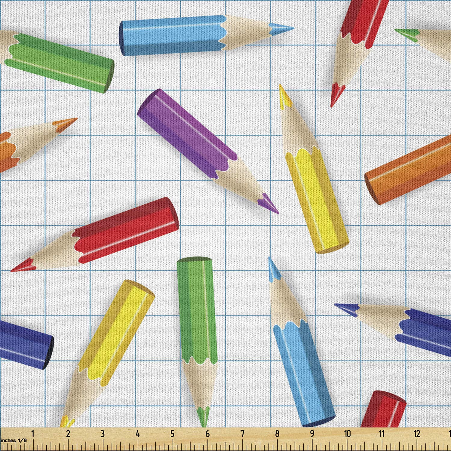 Lunarable Children Fabric by The Yard, Colorful Pencils on Checkered Board Kids School Education Creativity Art Image, Microfiber Fabric for Arts and