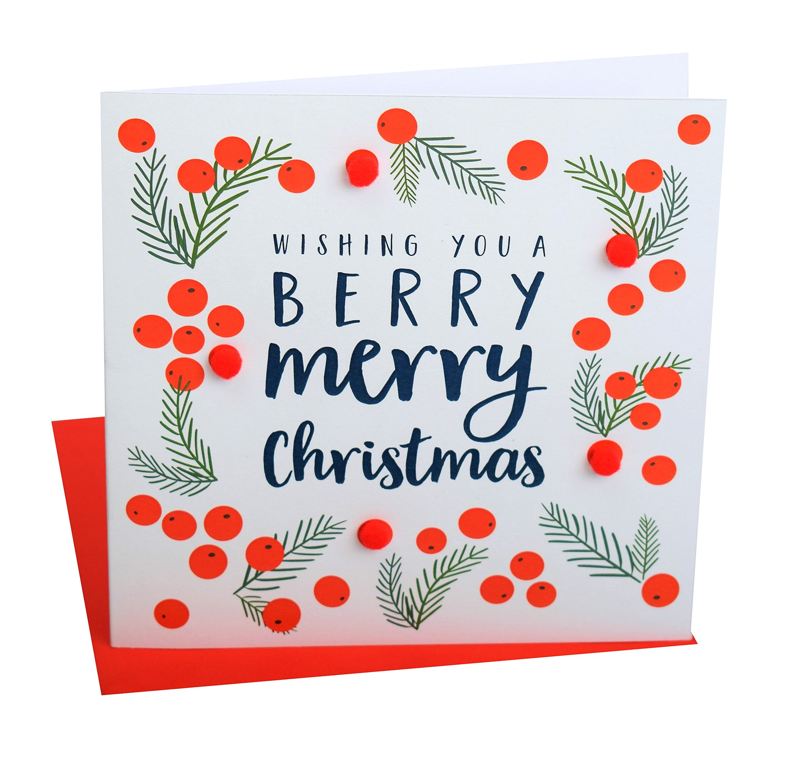 Claire Giles Greeting Cards, Happy Christmas Card, Berries and Pine Needles Design, Wishing You a Berry Xmas, Embellished with Colourful Pompoms