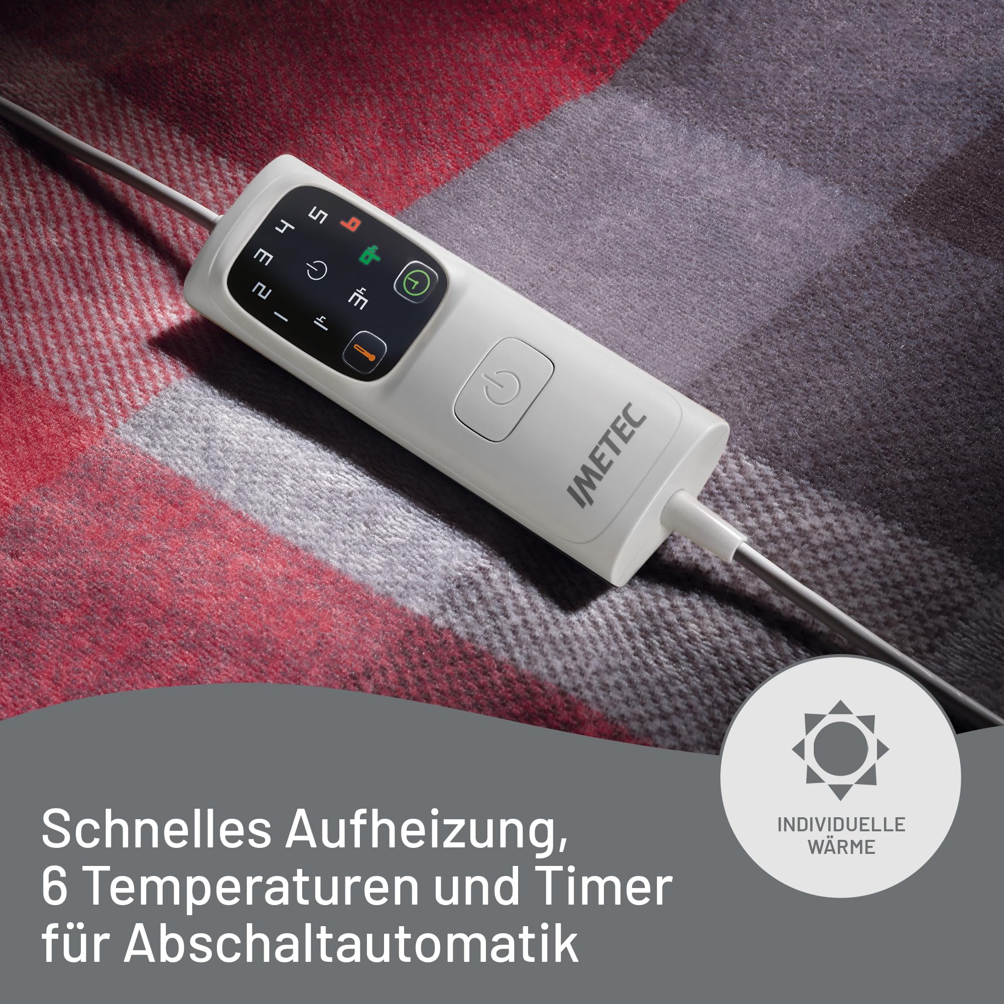 Imetec Adapto Velvet Tartan Heizdecke mit Taschen für Hände und Füße, 150x110 cm Wärmedecke, geringer Verbrauch, Adapto Technologie, sicher, schnelles Aufheizen, 6 Temperaturen, waschbar