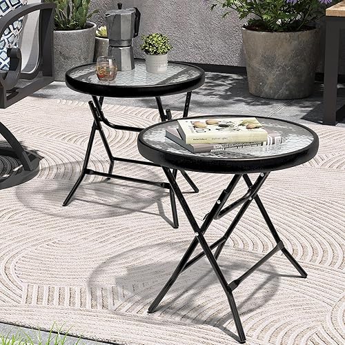 Foldable Patio Side Table Set of 2 with Tempered Glass