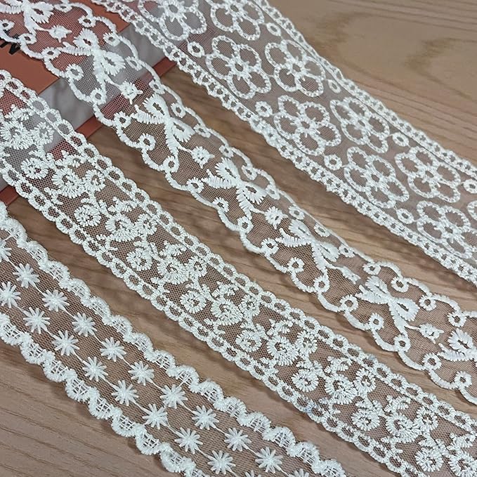 24 Yards Ivory Organza Lace Trim Set, Embroidered Floral Lace Ribbon for Sewing, Wedding Decor, Gift Wrapping, DIY Crafts (6 Styles)
