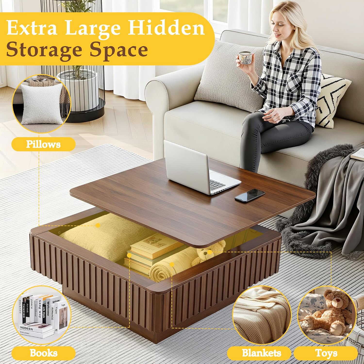 Coffee Table with Lift Top & Adjustable Height for Living Room - 35.4" Modern RGB LED Fluted Center Table with Hidden Storage & Charging Station, Perfect for Small Space Apartments (Square)