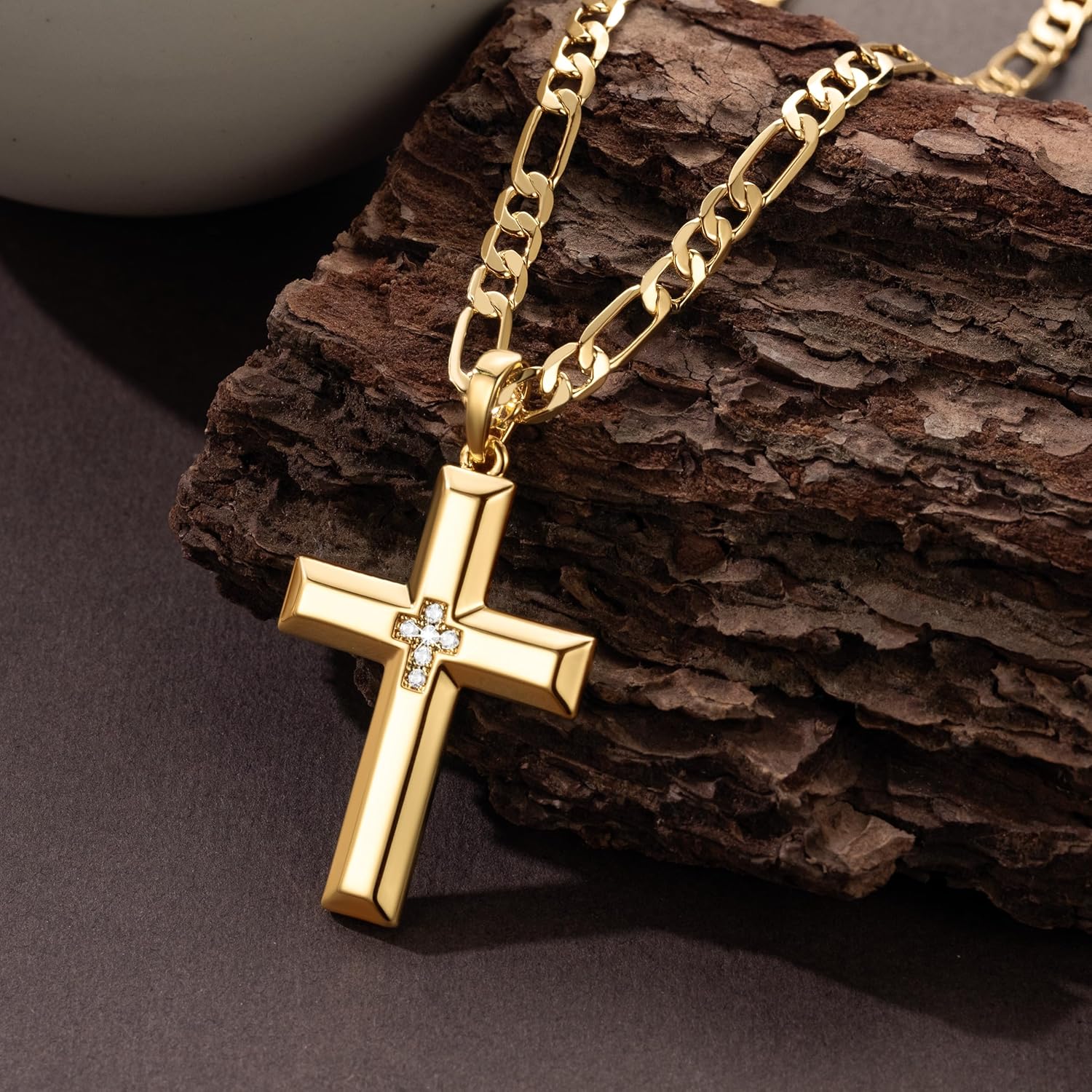 Cross Necklace for Men Gold Cross Necklace for Men 14K Gold Crosses Figaro Chain Pendant for Mens Crosses Necklaces Broad Subtle Sparkle with Cubic Zirconia Necklaces for Mens Chain 20/22/24 inches