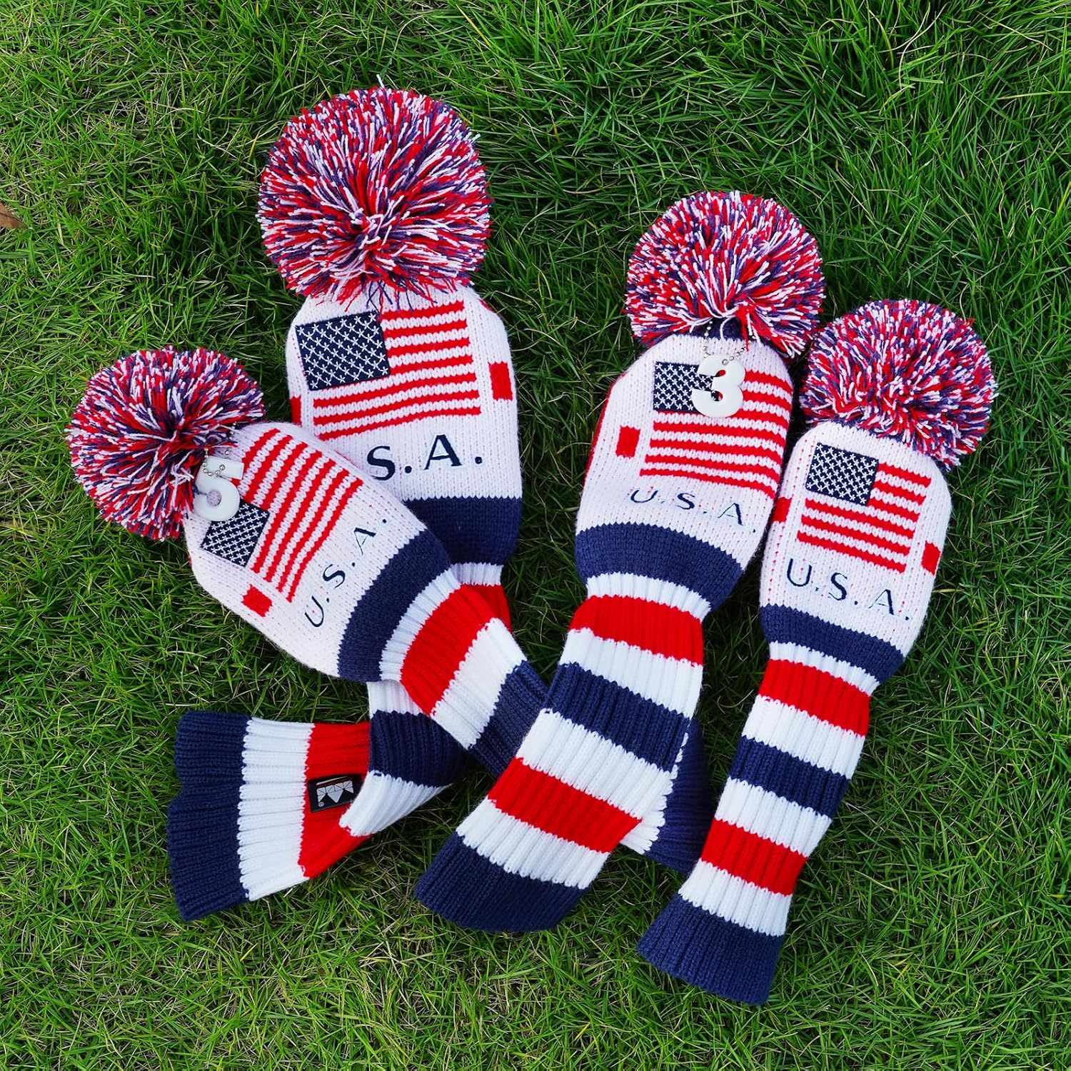 Craftsman Golf US Flag Knit Pom Pom White Blue Red Driver,Fairway Wood, Hybrid Head Cover Headcover for Callaway Mizuno Cobra Taylormade