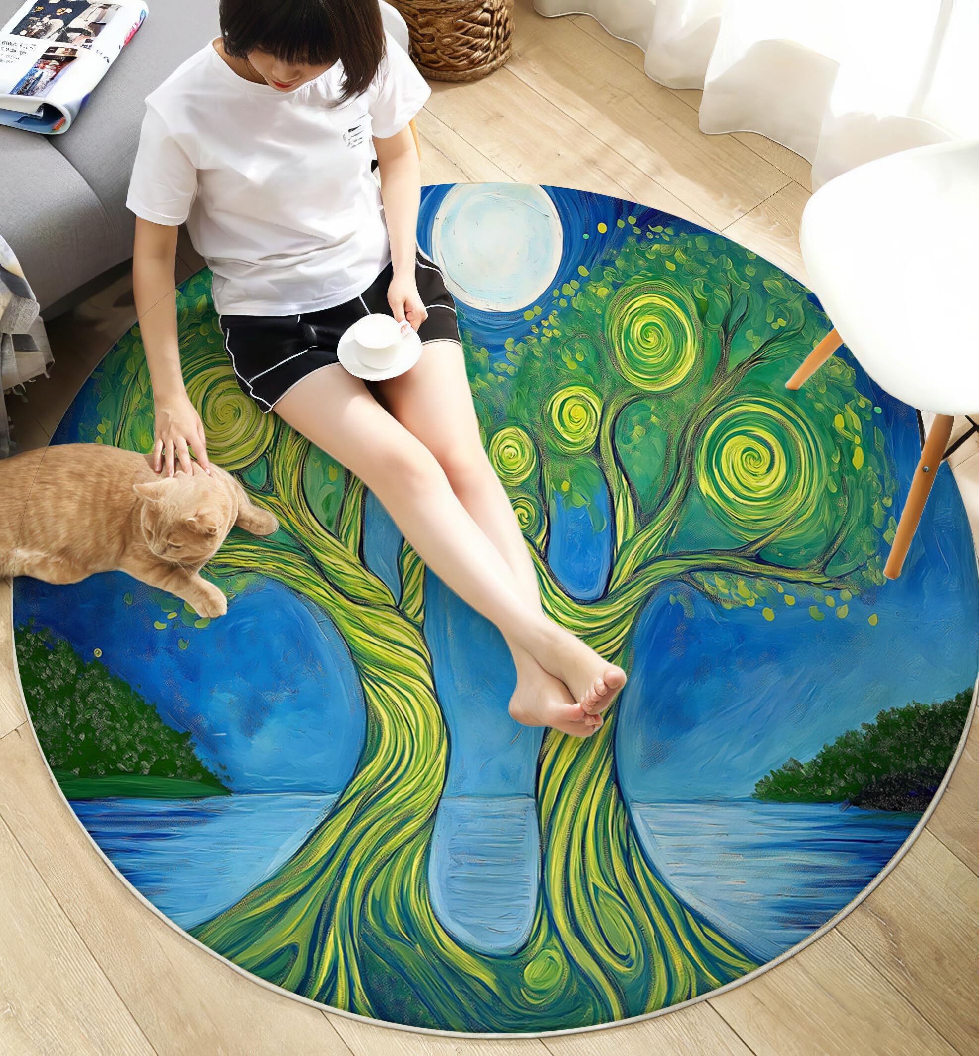 Tapis Ronds Vert Arbre De Lune Tourbillonnant 120Cm Rugs Lavable Antidérapant À Poils Courts Doux Plantes De Jardin pour Chambres Cuisine Balcon Terrasse Ntérieur Salles À Manger
