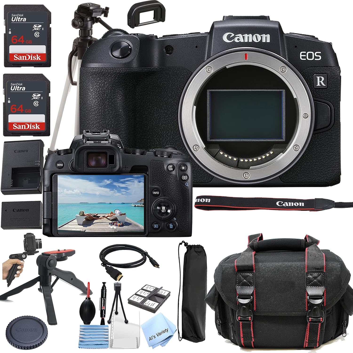 Canon EOS RP Mirrorless Camera (Body Only)+ Al’s Variety Accessories Includes: 2X 64GB Memory + Case + Tripod + Grip Pod + HDMI Cable + More (22pc Bundle) (Renewed)