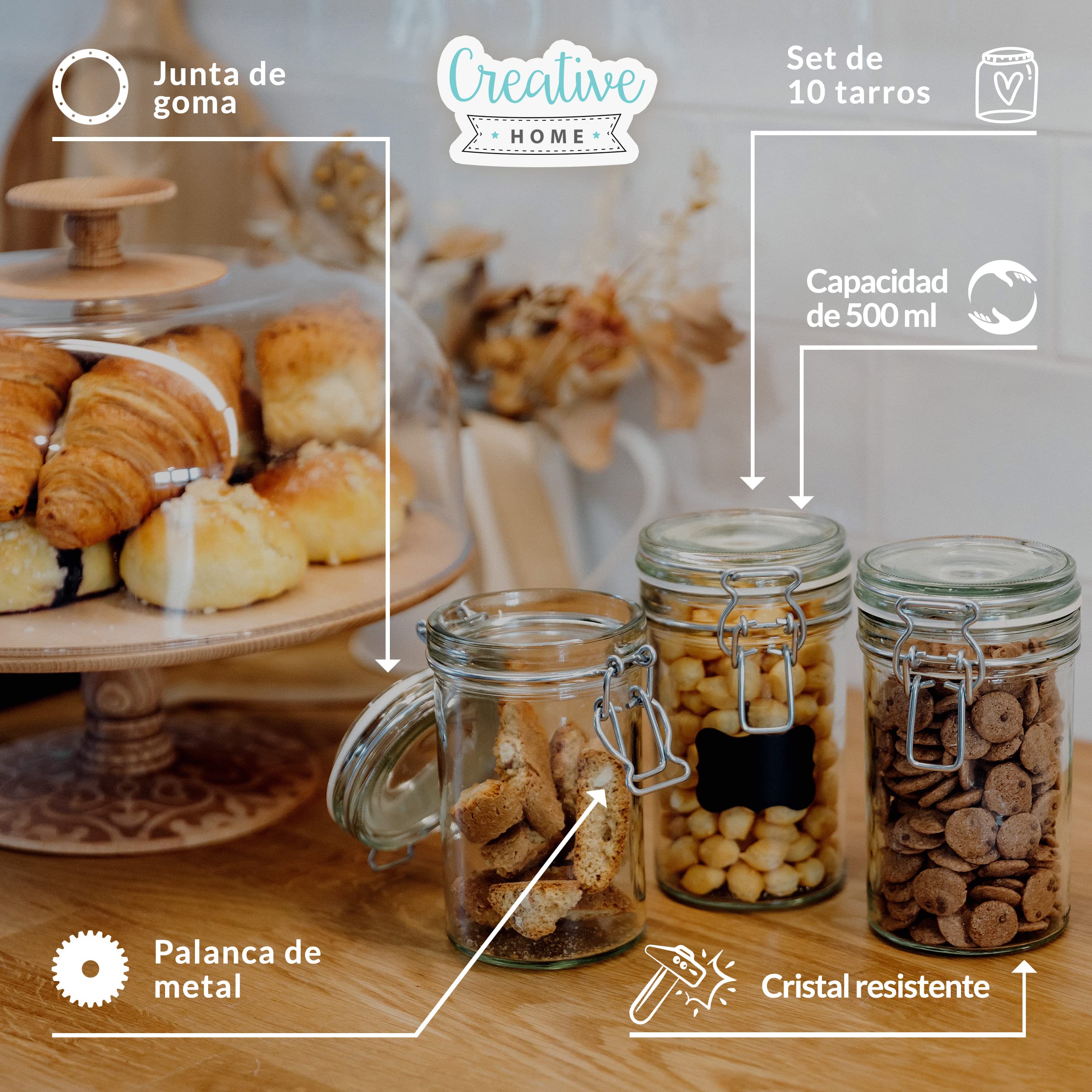 Creative Home 10 x Tarros de Cristal con Tapa Herméticos | 10 x 500 ml | Set Botes Envases Cierre de Clip | para Conservas Alimentos | Incluye 12 Pegatinas Reutilizables + 1 Tiza Sin Polvo