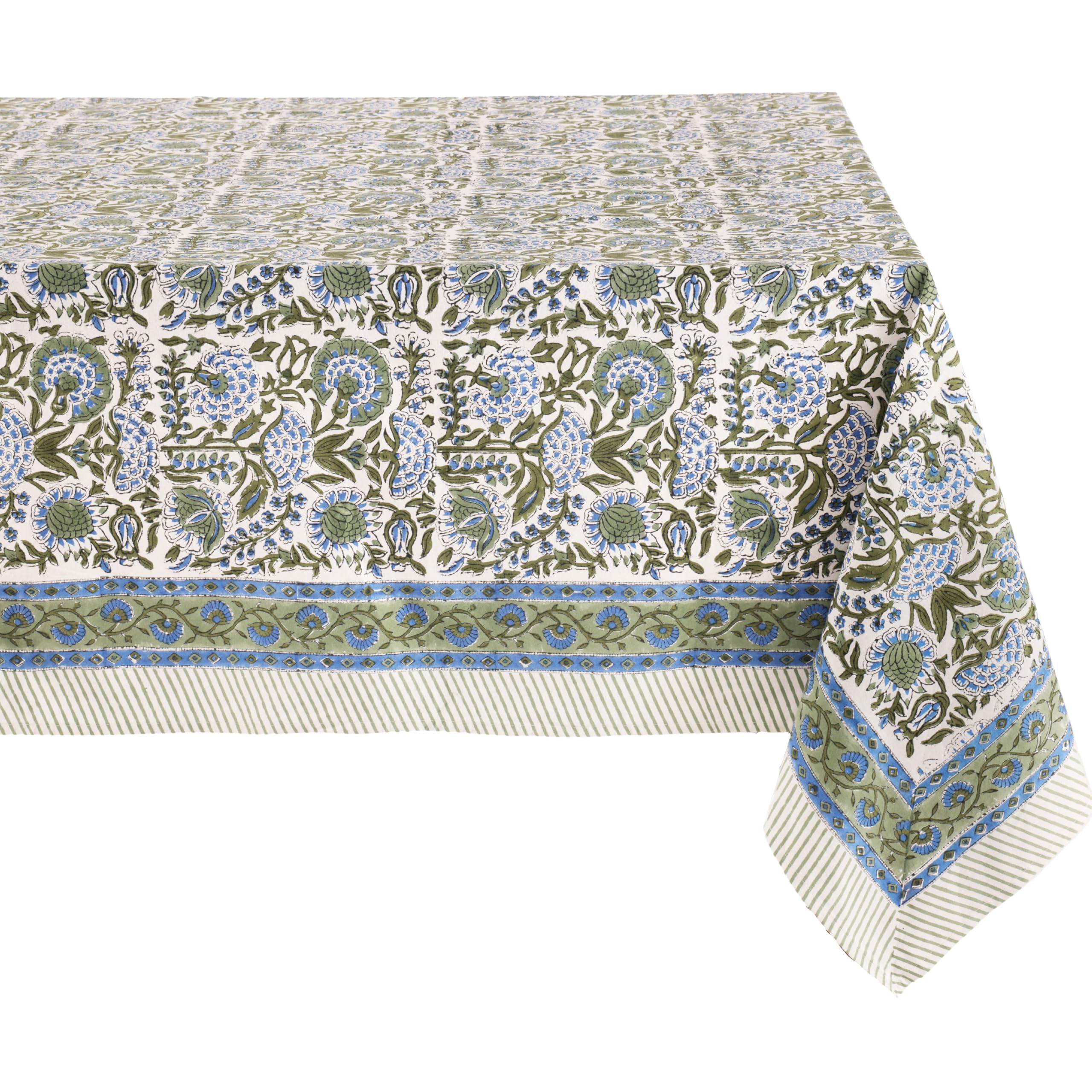 ATOSII Clover Blue 100% Cotton Rectangle Spring Tablecloth, Handblock Floral Linen Table Cloth for Dining Table I Parties Outdoors Fall Christmas