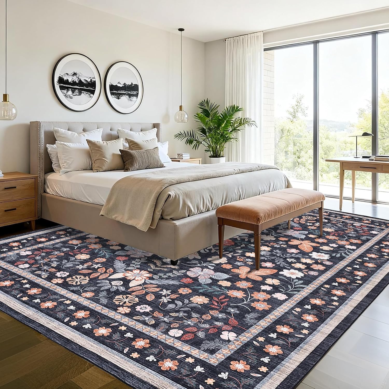 GarveeHome Washable Rugs 5x7 for Living Room Floral Area Rugs Soft Non-Slip Backing Carpet Low Pile Stain Resistant for Bedroom Farmhouse Dining Room Nursery Black