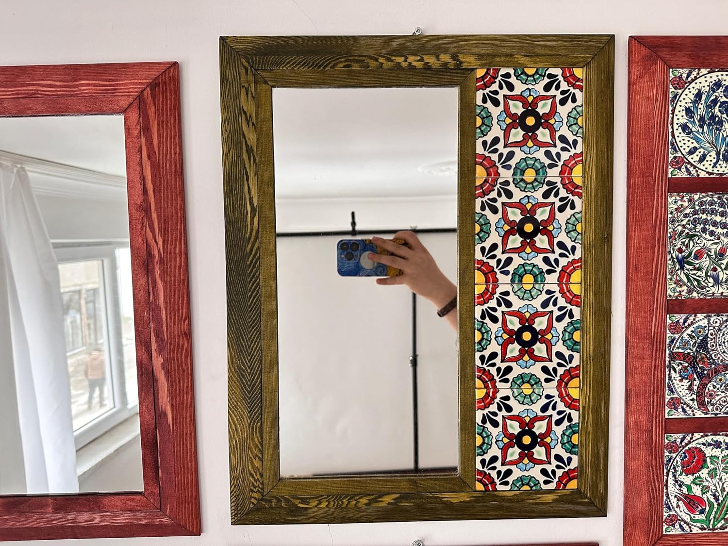 Ethnic Wall Hanging Tiled Wood Mirror, Rustic Console Mirror, Country House Kid Mirror, Bohem Framed Decorative Ceramic Tiled Nursery Mirror