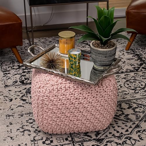 Miniatura 4 de BIRDROCK HOME Puf cuadrado otomano  Rosa polvorienta  Puf de punto  Cuerda trenzada de algodón  Ideal para la sala de estar, dormitorio y habitación