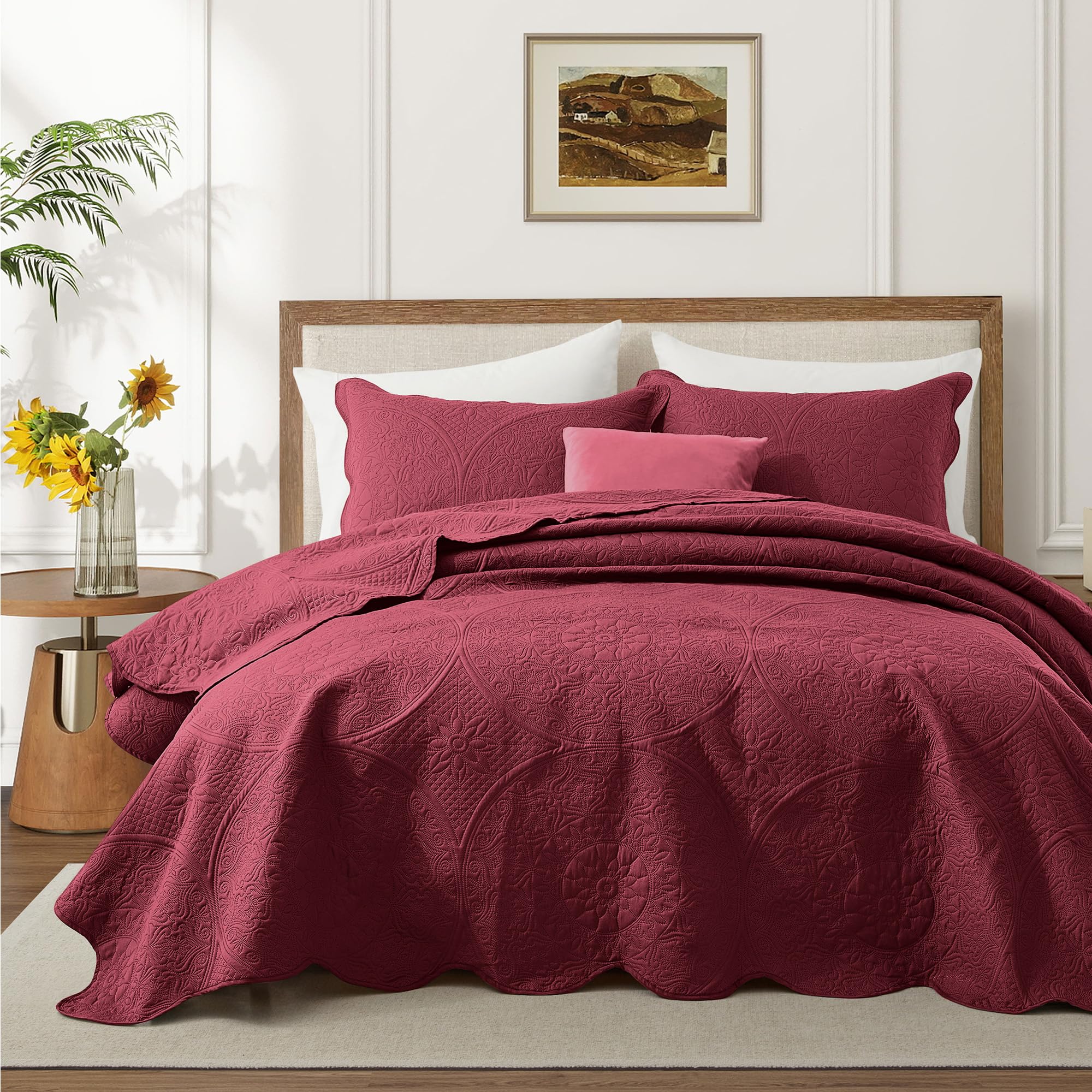 Twin Quilt Set Bedspread Microfiber Bedding Floral Burgundy 68x86