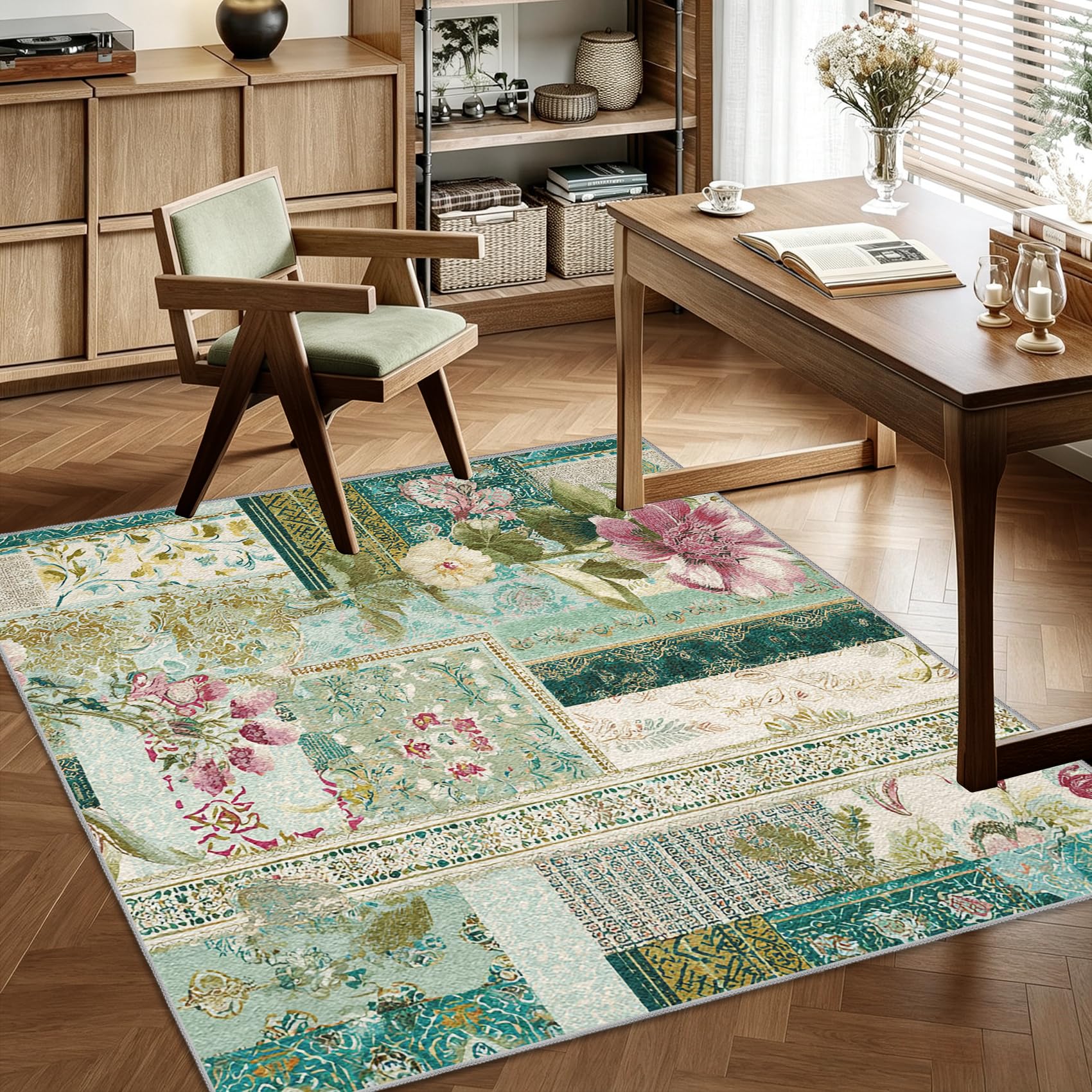 Générique Vert Sauge Tapis Patchwork Carré Salon 100x150 cm | Tapis Chambre Lavable Antidérapant Poil Court, Moquette Motif, Décoration Carpet