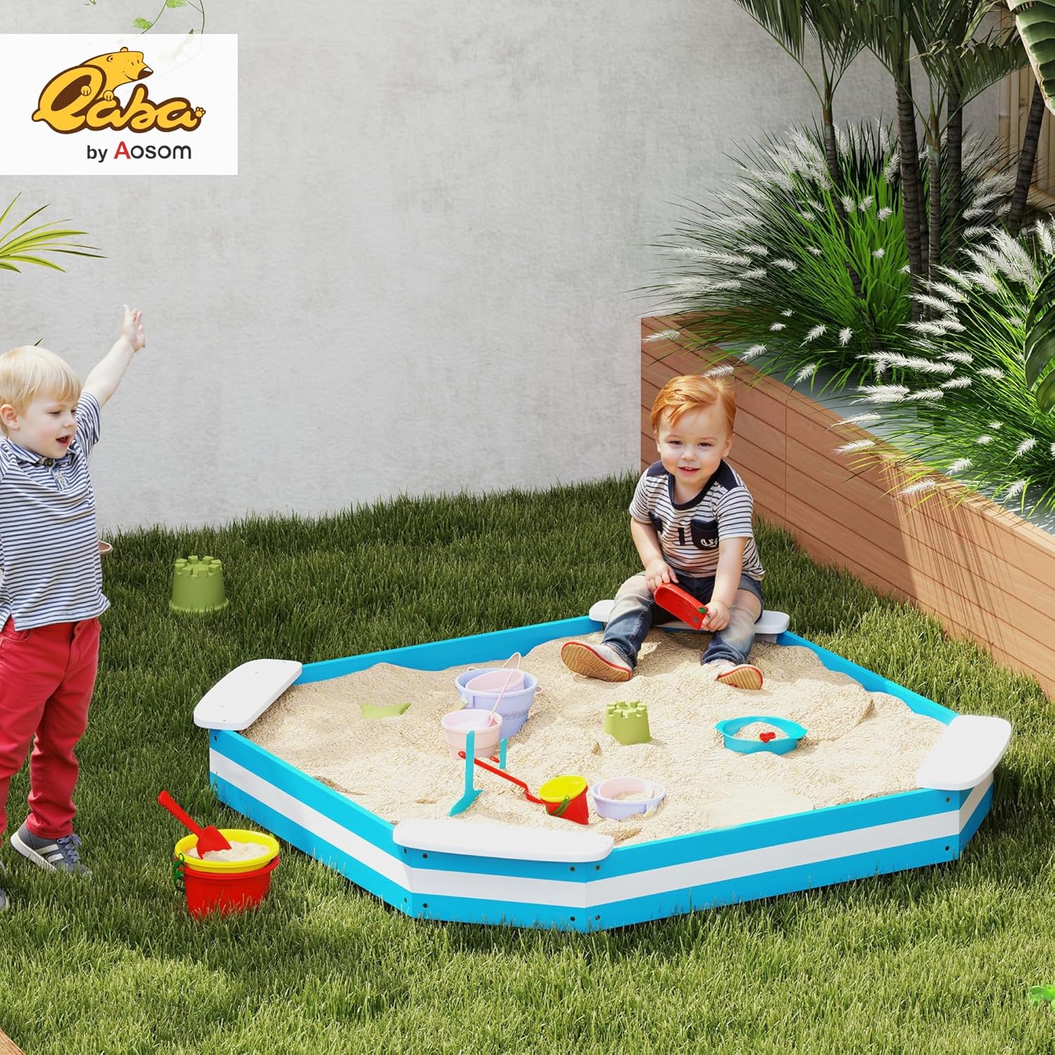 Qaba Kids Sandbox, Outdoor Wooden Sand Pit with 4 Corner Seats, Bottom Liner for Backyard, Garden, 52" x 52" x 6", Blue