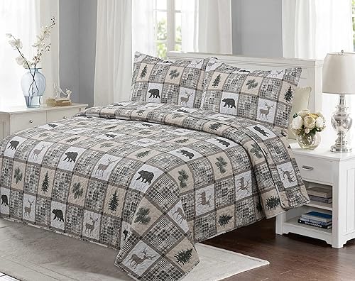 Miniatura 7 de Marina Decoration Juego de colcha de verano de 3 piezas con 2 fundas acolchadas, diseño moderno a cuadros, color gris pardo, tamaño King