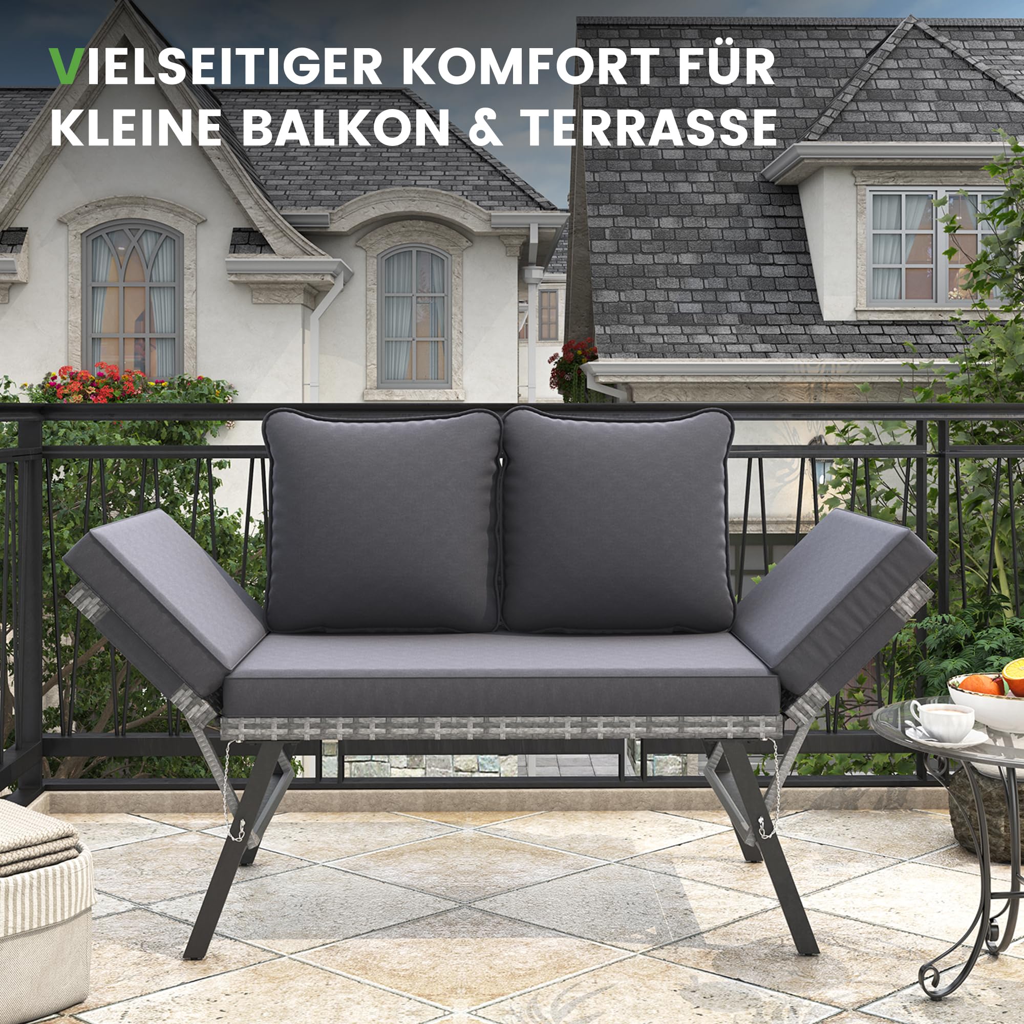 Amopatio Gartenbank Polyrattan mit Liegefunktion – 2-Sitzer Gartensofa mit verstellbaren Armlehnen, wetterfestes Outdoor Sofa für Garten, Balkon & Terrasse, Grau