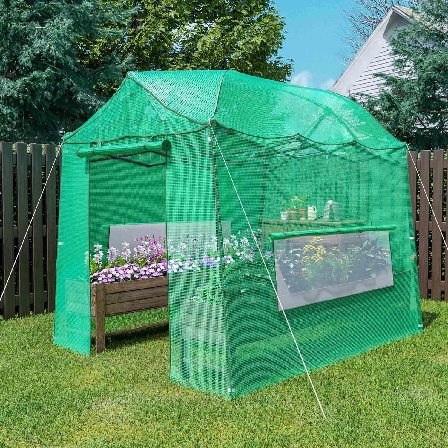 8.5 x 7 x 7 FT Walk-in Greenhouse, Portable Pop-up Greenhouse for Indoor Outdoor, Plant Garden Green House with Zippered Doors, Screen Windows, Heavy Duty Frame and Durable PE Cover