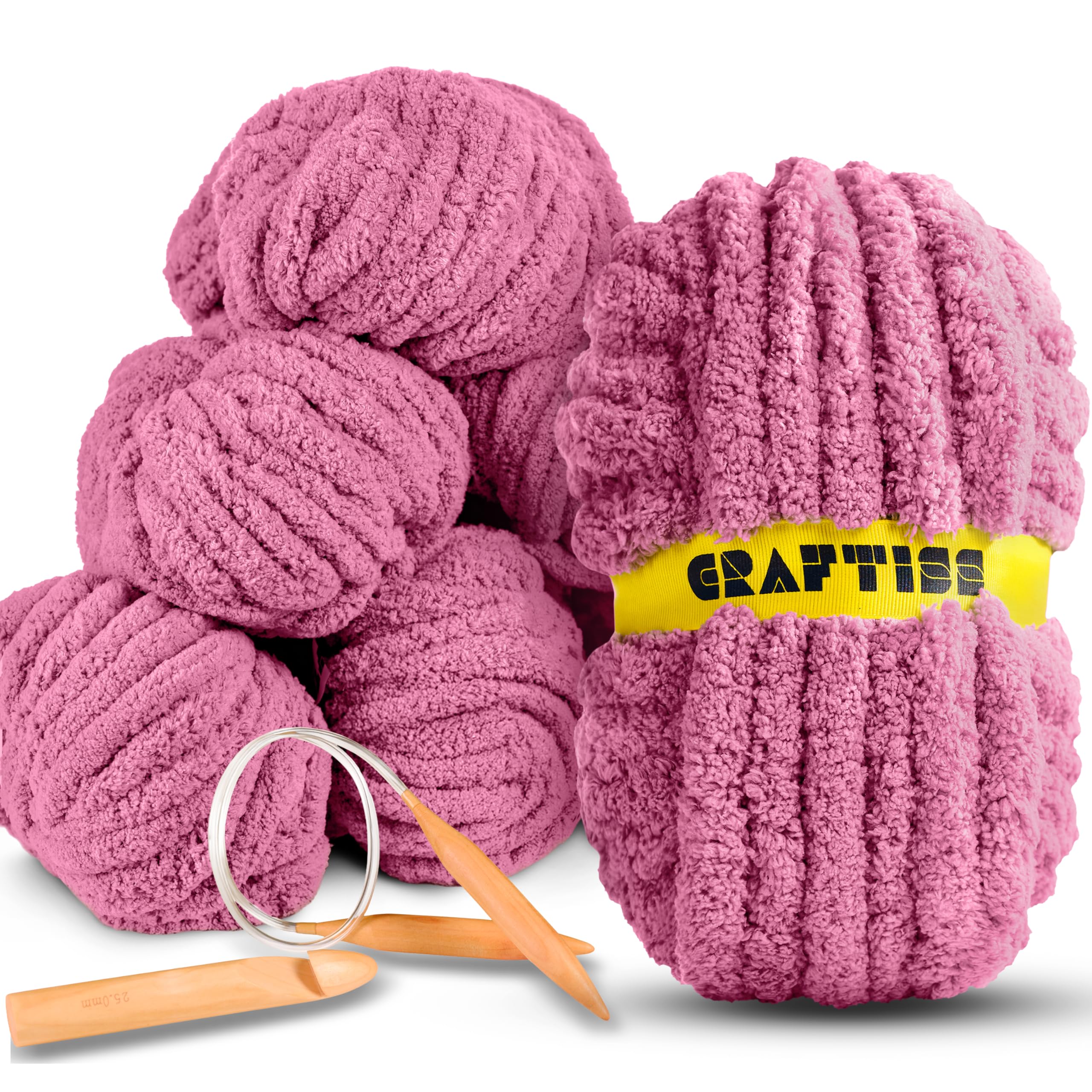 8 Rolls Muted Mauve Chenille Chunky Yarn for Crocheting - Jumbo #7 Weight (27 yds, 8 oz Each Skein), Bulky Thick Crochet Knit Blanket Chunky Yarn for Hand Knitting with Giant Hook and Needles