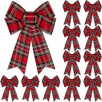 12 PCS Bows for Christmas Tree, 9x12 In Large White Black Red Christmas Bows, Buffalo Plaid Plastic Christmas Tree Bow Topper for Xmas Decorations Wreath Stairs Railing Fireplace Front Door Decor