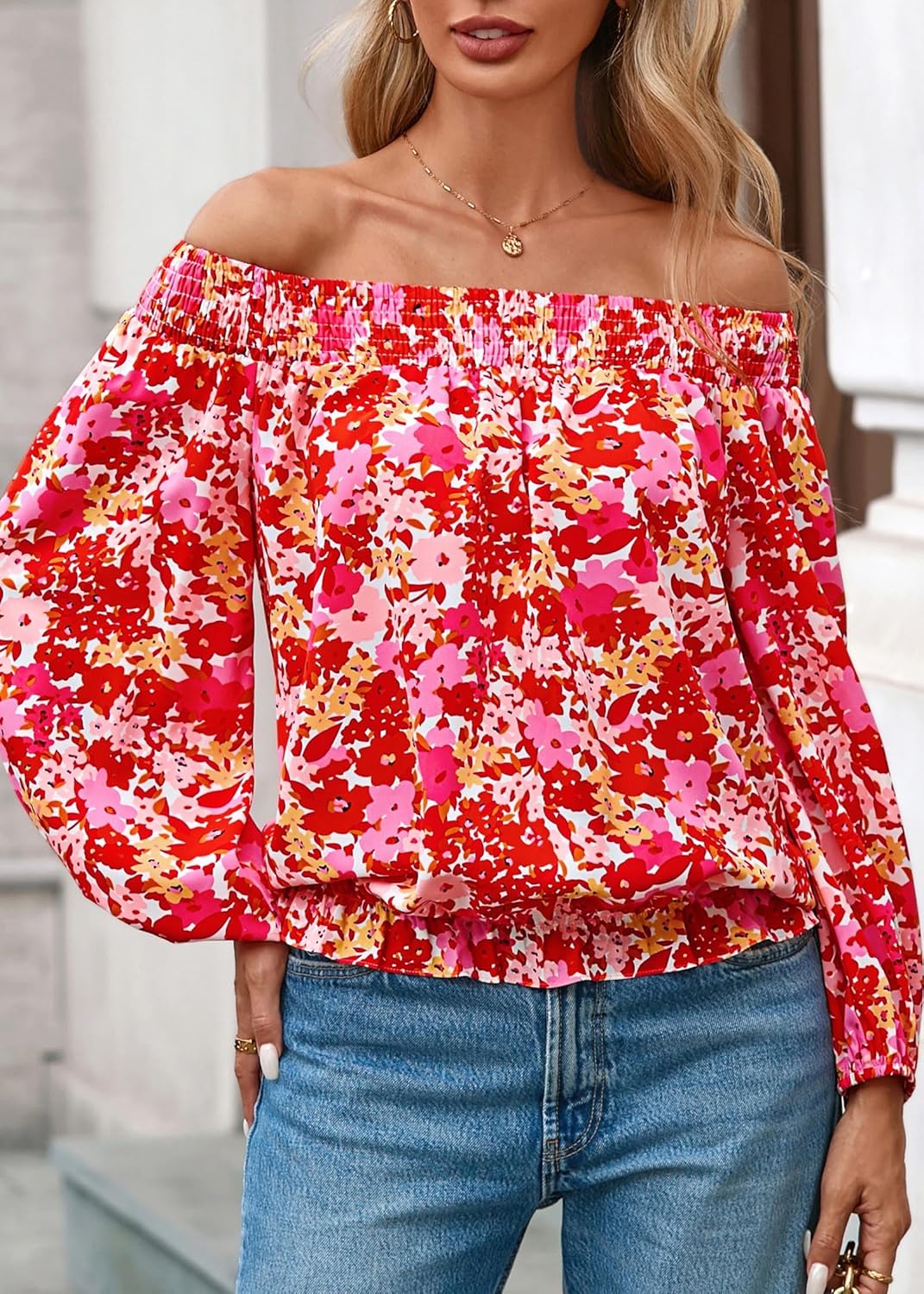 KIRUNDO Early Fall Fashion Off The Shoulder Tops for Women 2025 Boho Floral Blouse Long Sleeve Shirts Going Out Clothing - Image 8