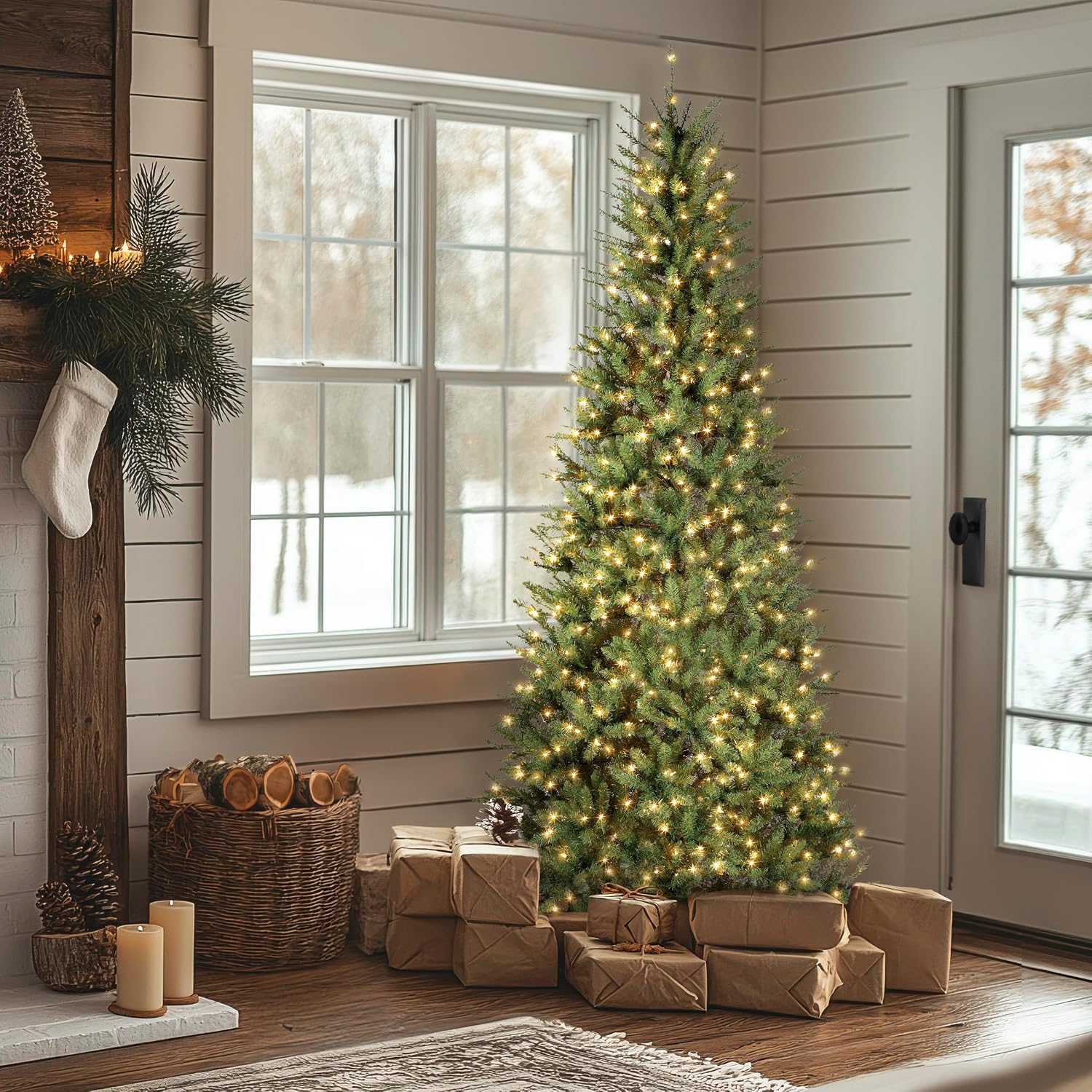 National Tree Company 9 ft Pre-lit Artificial Christmas Tree, Dunhill Fir, 800 Clear Lights, 2,100 Tips, Slim Profile, Includes Stand, Green