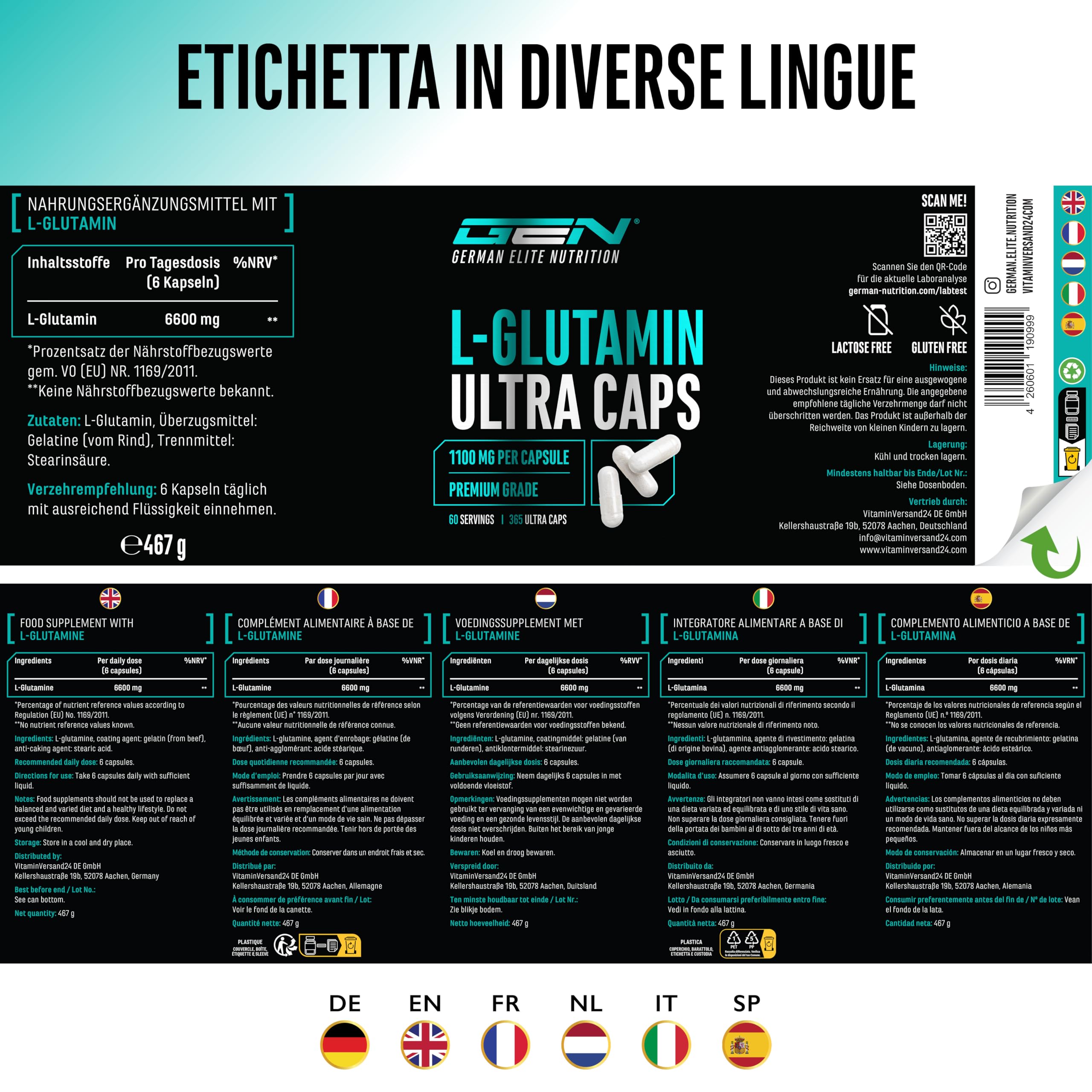 L-glutammina Ultra Caps - 365 capsule da 1100 mg - L-glutammina pura e ultra-fine in qualità premium - Extra ad alto dosaggio