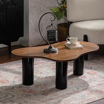39.37 Inch Cloud Coffee Table, Modern Unique Cute Round Edge Coffee Table Minimalist Irregular Aesthetic Funky Center Side Tea Table with Sturdy Legs for Living Room Bedroom Small Space, Black, Wood