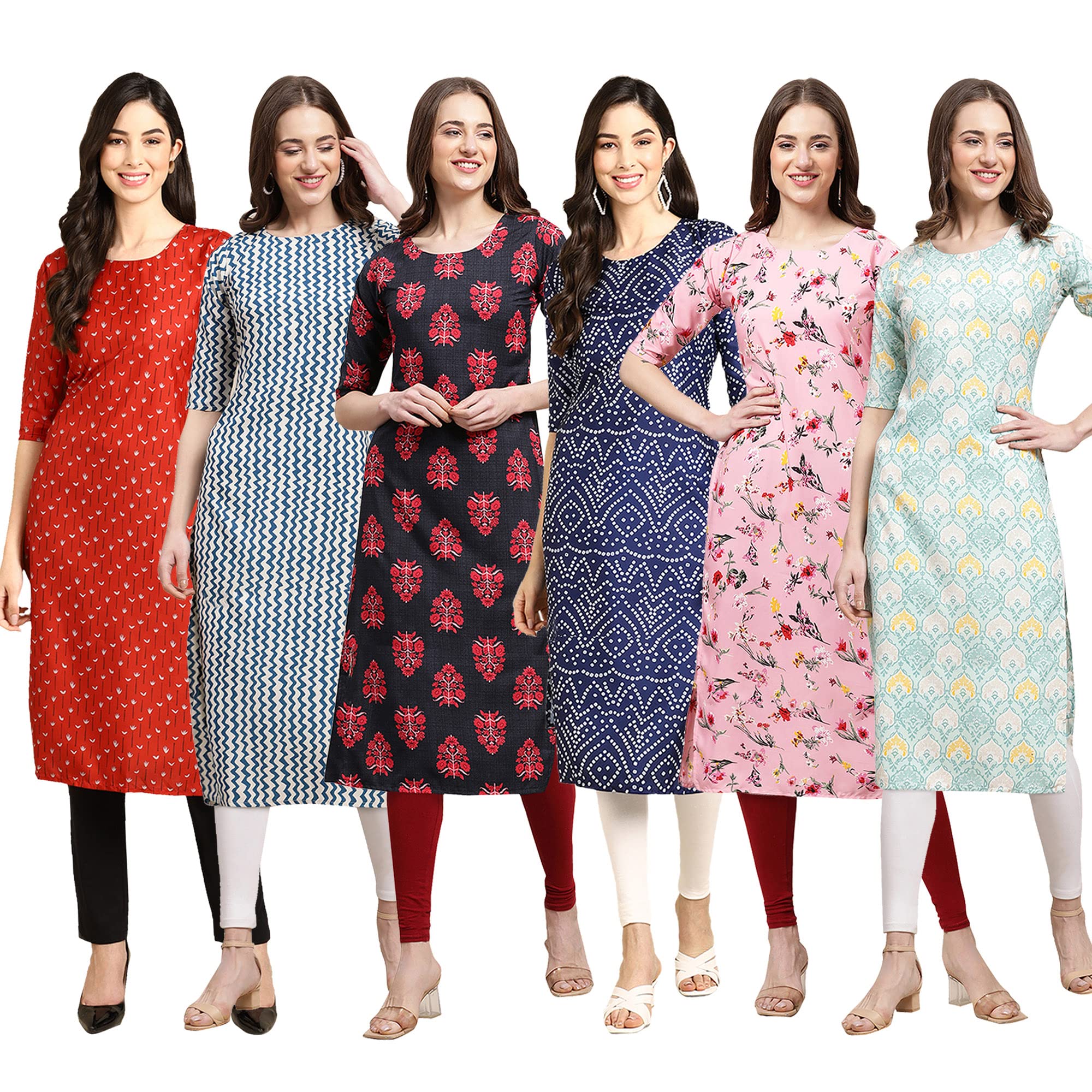 Pinkmint Women's Crepe Digital Print Straight Kurta Pack Of 6 [Cr-370-331-345-366-339-343-S]