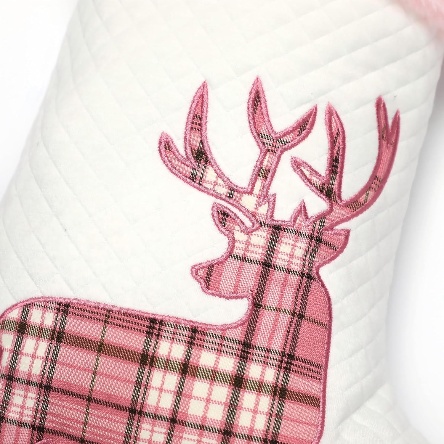 White Pink Christmas Stockings 6 Pack 20" Large Embroidered Buffalo Pink Plaid Pink Fur Fireplace Hanging Xmas Stockings for Family Holiday Season Decor(Set of 6) - Image 6