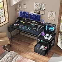 Vista 7 de EnHomee Escritorio para computadora de 57 pulgadas con cajones y espacio para impresora, escritorio de oficina con tomas de corriente, escritorios