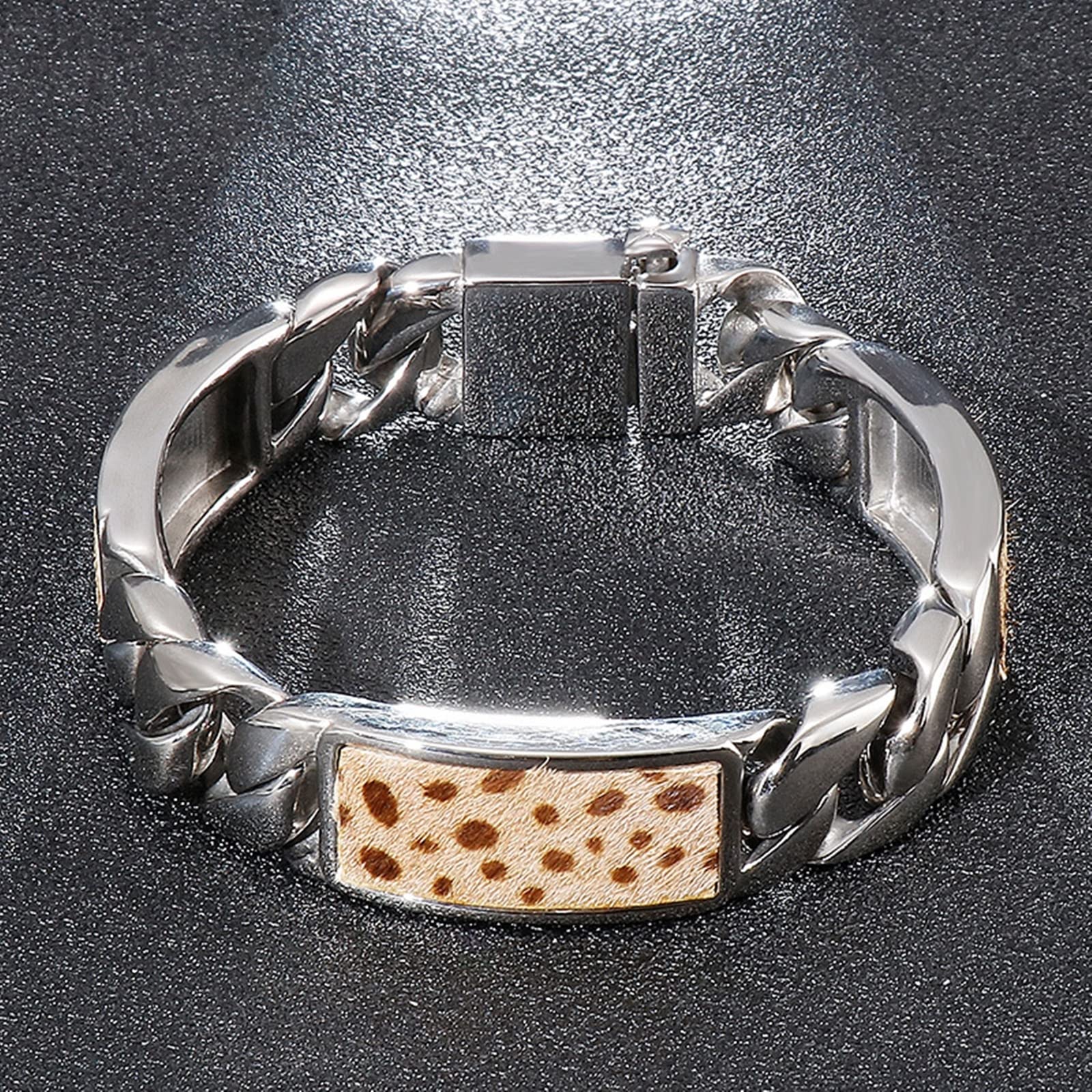 Herren-Gliederarmband, Leopardenmuster-Knopf, Edelstahlarmband, Herrenklasse 220 x 15 mm, Einheitsgröße, Edelstahl-Edelstahlarmband, kein Edelstein, Haushaltsarmaturen