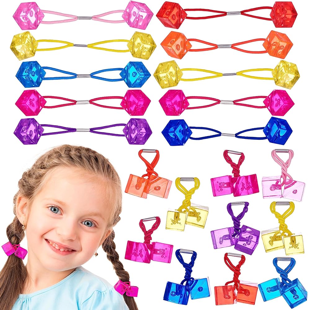 20pc Cube Ponytailers Assorted Ponytail Cubes Twin Bead Hair Elastics, Bright Multicolored Twin Hair Beads Bauble Hair Ties Ponytail Holders, Toddler Kids Value Pack