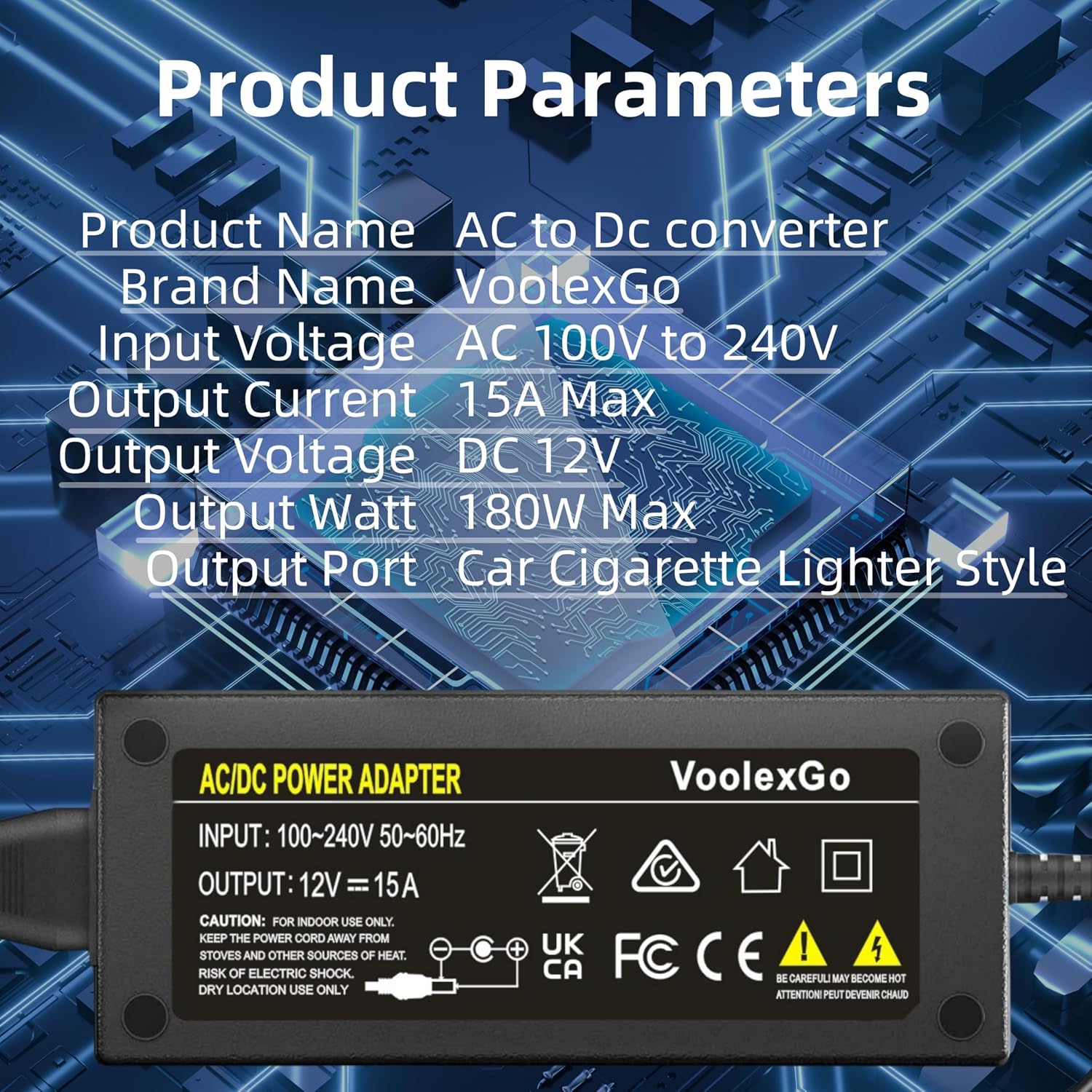 180W AC to DC Converter, 110V-240V to 12V/15A, Cigarette Lighter Socket AC/DC Adapter Power Supply for Car Inflator,Car Refrigerator,Car Vacuum, 7.2FT