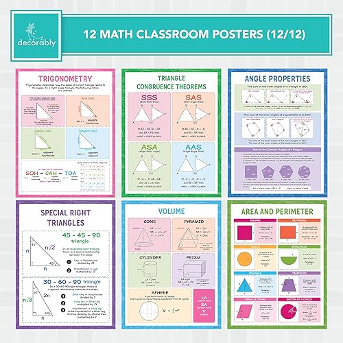Miniatura 4 de Decorably 12 pósteres de matemáticas para aula de secundaria, 17 x 22 pulgadas, educativo laminado mate para pasillos, tablones de anuncios, sala de