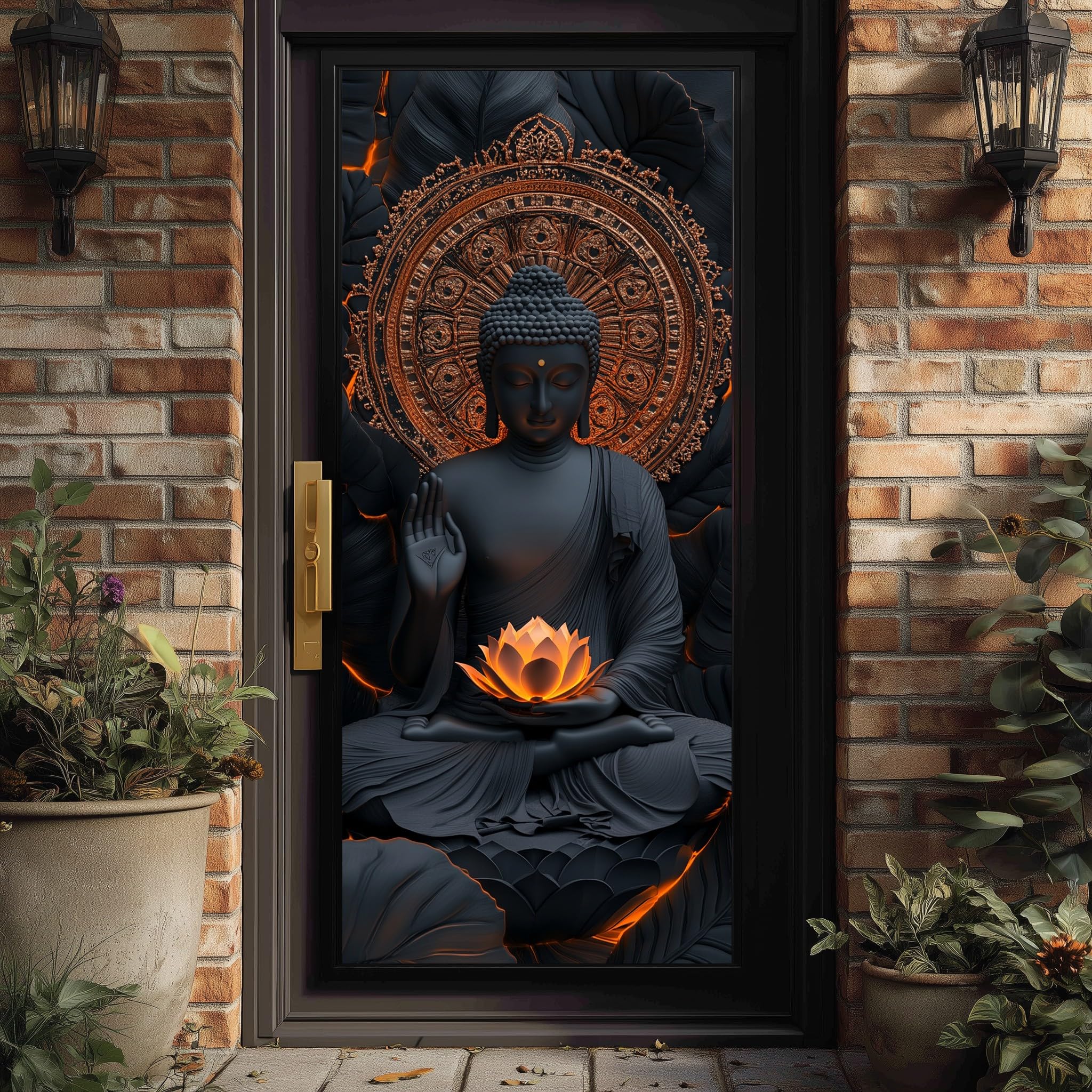 Buddha Asiatico Pellicola Decorativa per Porte InterneLoto 100x200 cm | per Meditazione Poster Muro e Adesivi da Parete 3D, Aureola Mandala Carta Adesiva per Protezione Mobili, Lavabile