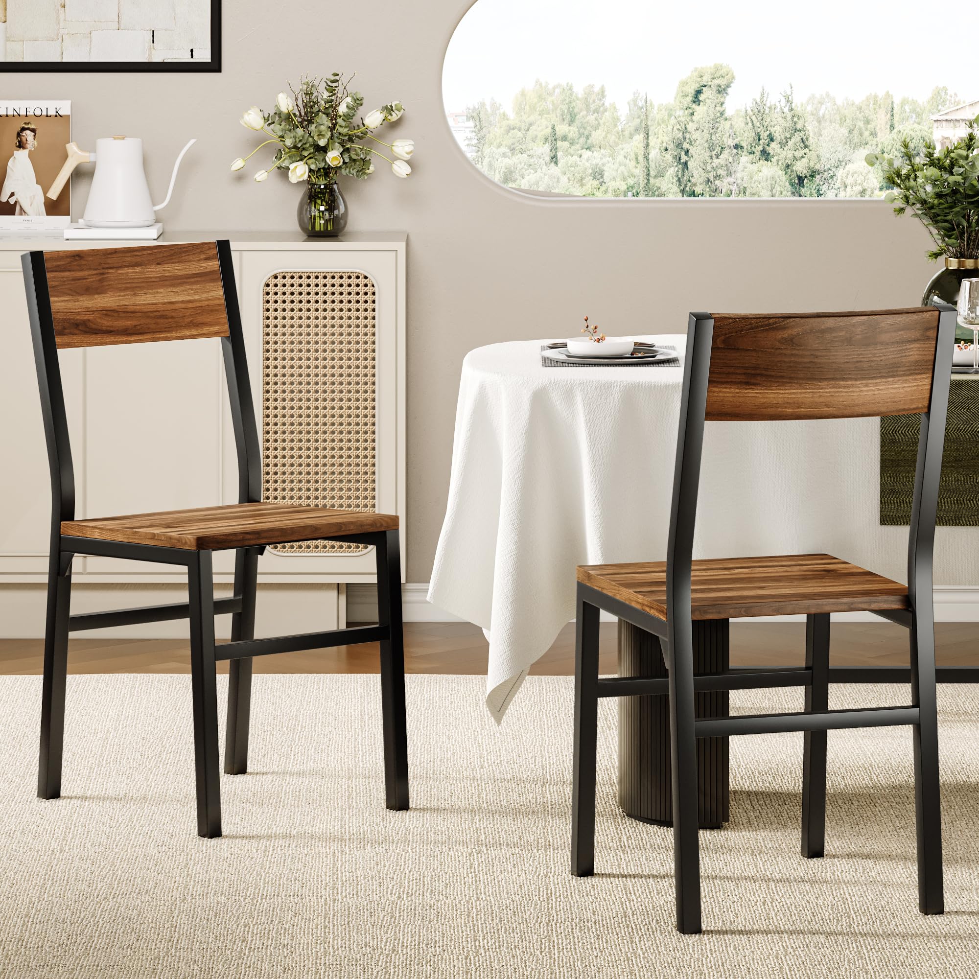 FEONASE Sillas de Comedor Pack 4, 2 Sillas Ergonómicas y 2 Bancos, MDF y Estructura Metálica, Sillas de Cocina para Hogar, Apartamento o Espacios Reducidos, Color Nogal
