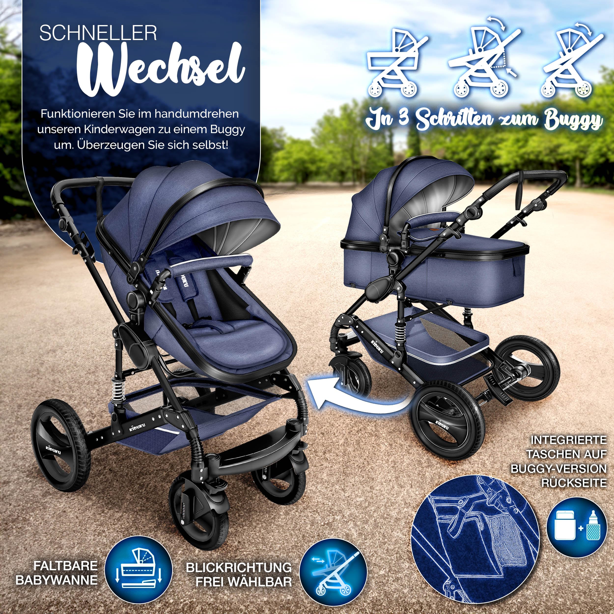 KIDUKU 3 in 1 Kinderwagen XXL Komplettset Kombikinderwagen mit Babywanne Buggy Sportsitz Auto-Babyschale Fußsack Vollgummireifen Wickeltasche Regenschutz ECE R129