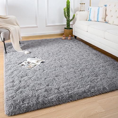 Quenlife Soft Bedroom Rug, Plush Shaggy Carpet Rug for Living Room, Fluffy Area Rug for Kids Grils Room Nursery Home Decor Fuzzy Rugs with Anti-Slip Bottom, 5 x 8ft, Grey