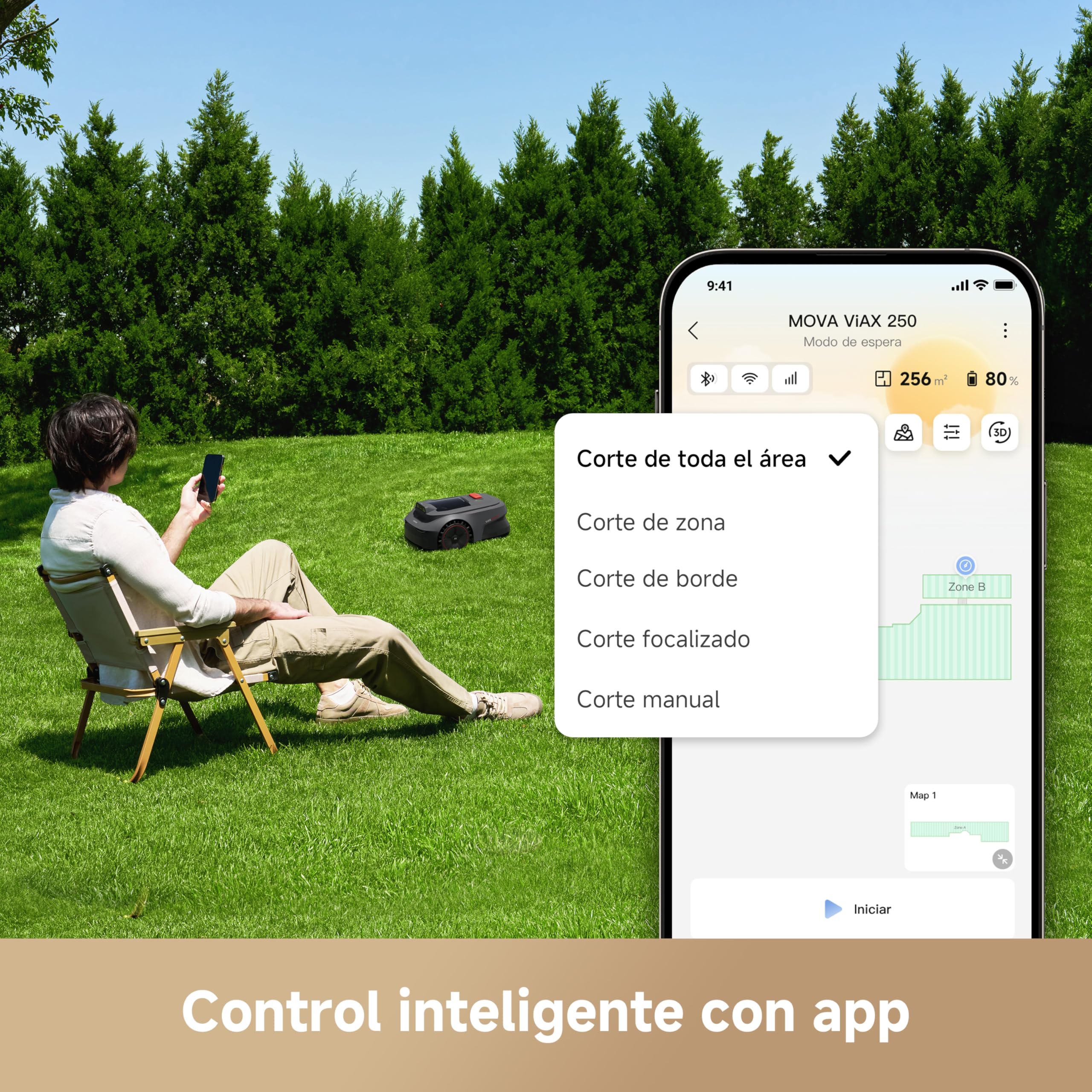 MOVA ViAX 250 Robot cortacésped, mapeo de 250㎡, mapeo con IA sin RTK, LiDAR de 360° + Visión Dual con IA, esquivación de obstáculos Inteligente, trayectorias en Forma de U