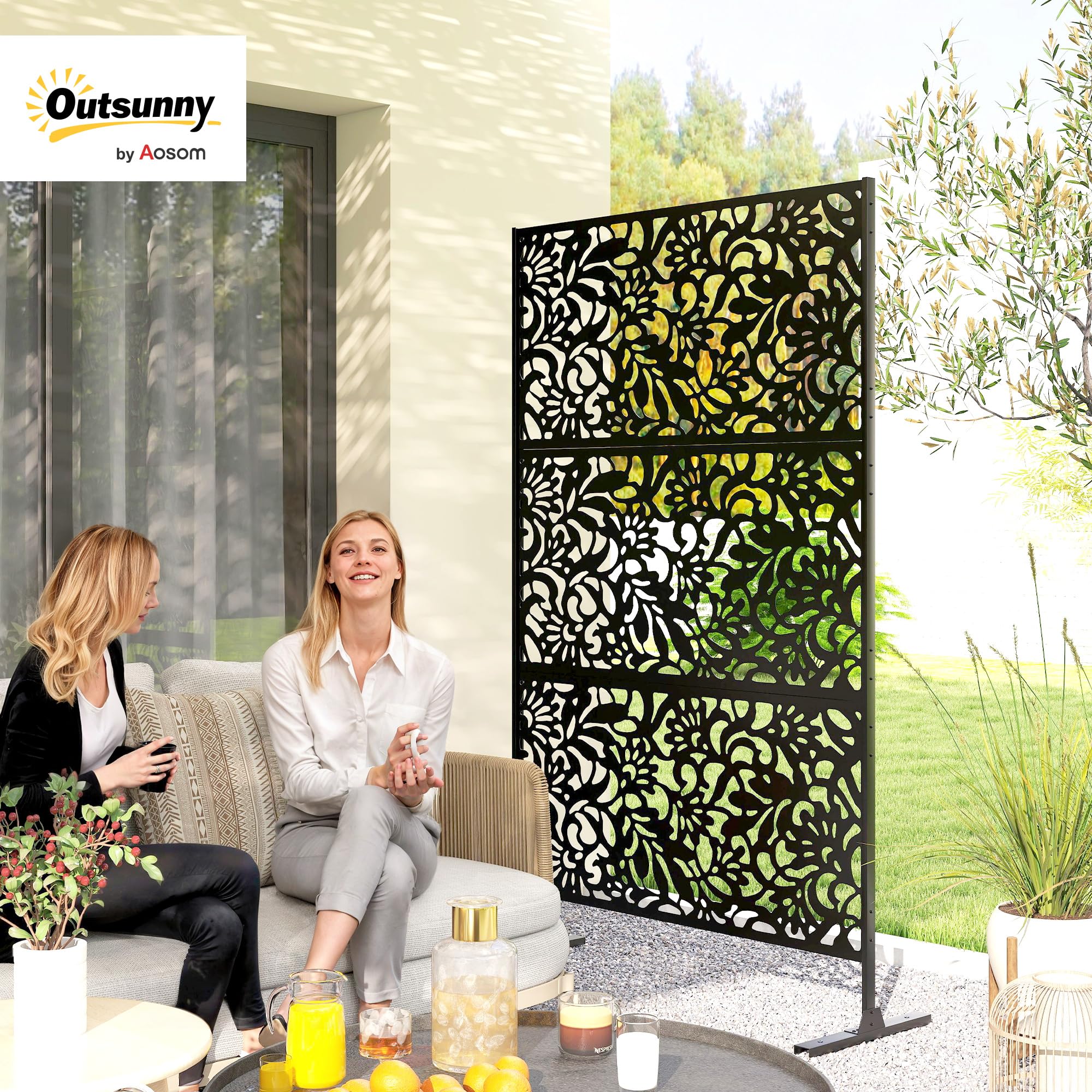 Outsunny Panneau Brise Vue décoratif Extérieur 122 x 45 x 198 cm Noir | Claustra Décoratif Jardin, 3 Panneaux à Motif Floral, Paravent Extérieur, Support en Acier Galvanisé