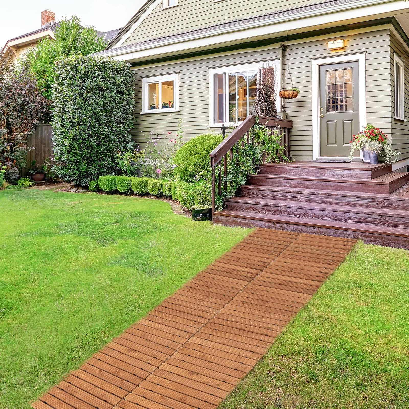 GOPLUS Allée de Jardin en Bois de 245CM, Passerelle Droite avec Fil d'acier Robuste et Motifs Antidérapants, Sol de Promenade Extérieure Enroulable pour Terrasse, Plage, Jardin, Cour (Largeur 55cm)
