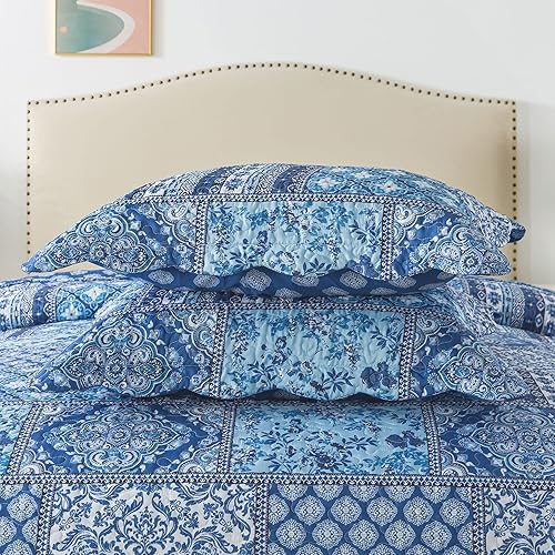 Miniatura 6 de HoneiLife Juego de edredón vintage de tamaño queen, de microfibra, 3 piezas, ligero, floral, rústico, para todas las estaciones, azul