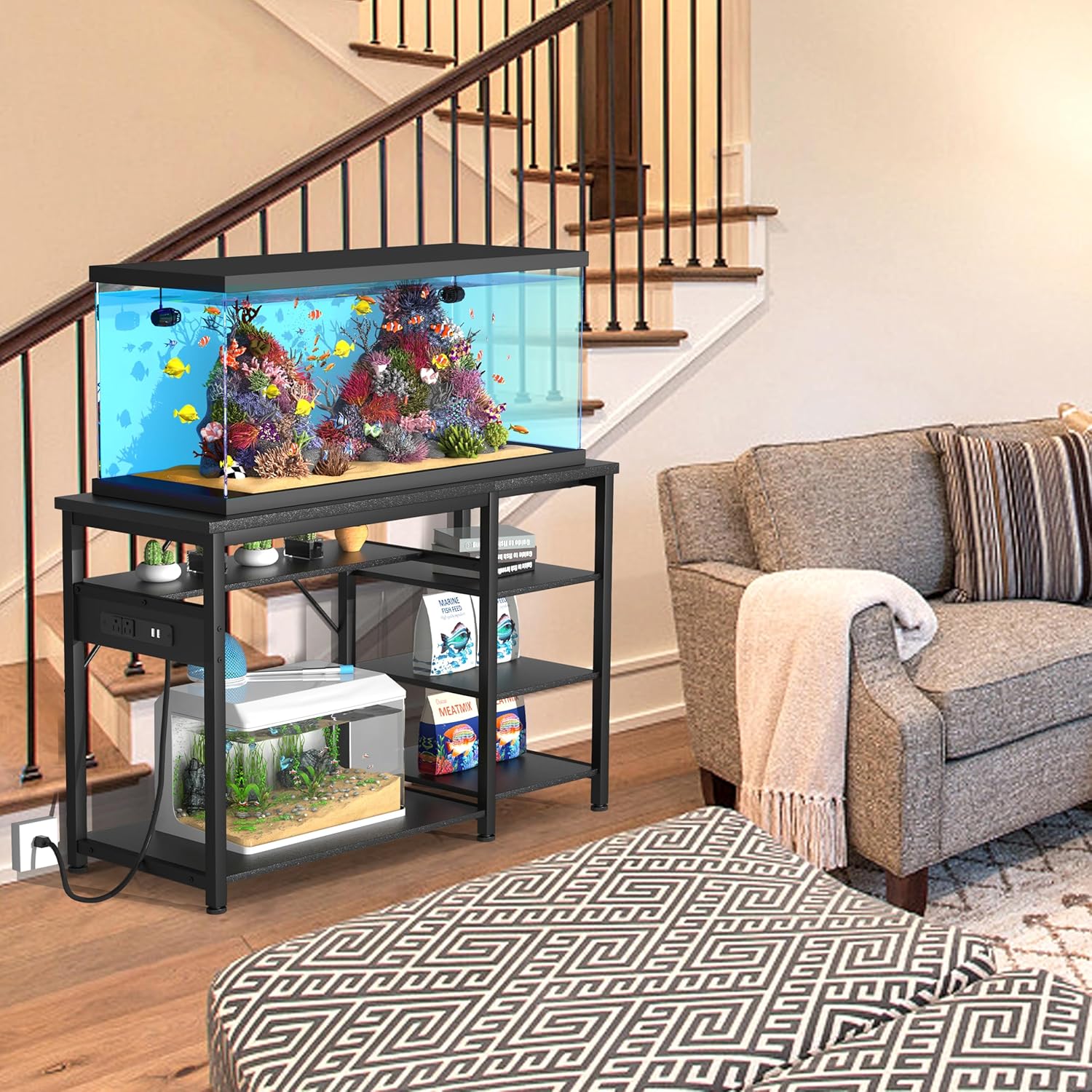 GRLEAF 20-40 Gallon Aquarium Stand: 800LB Capacity, Built-In Power Outlets, 3-Tier Shelves for Fish Tank Accessories Storage, Heavy-Duty Steel/Wood Hybrid for Fish & Reptile Tanks | Excludes Tank